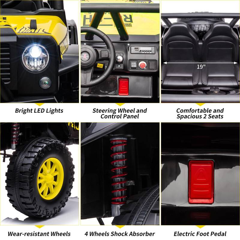 - Bright LED Lights
- Steering Wheel and Control Panel
- Comfortable and Spacious 2 Seats
- Wear-resistant Wheels
- 4 Wheels Shock Absorber
- Electric Foot Pedal