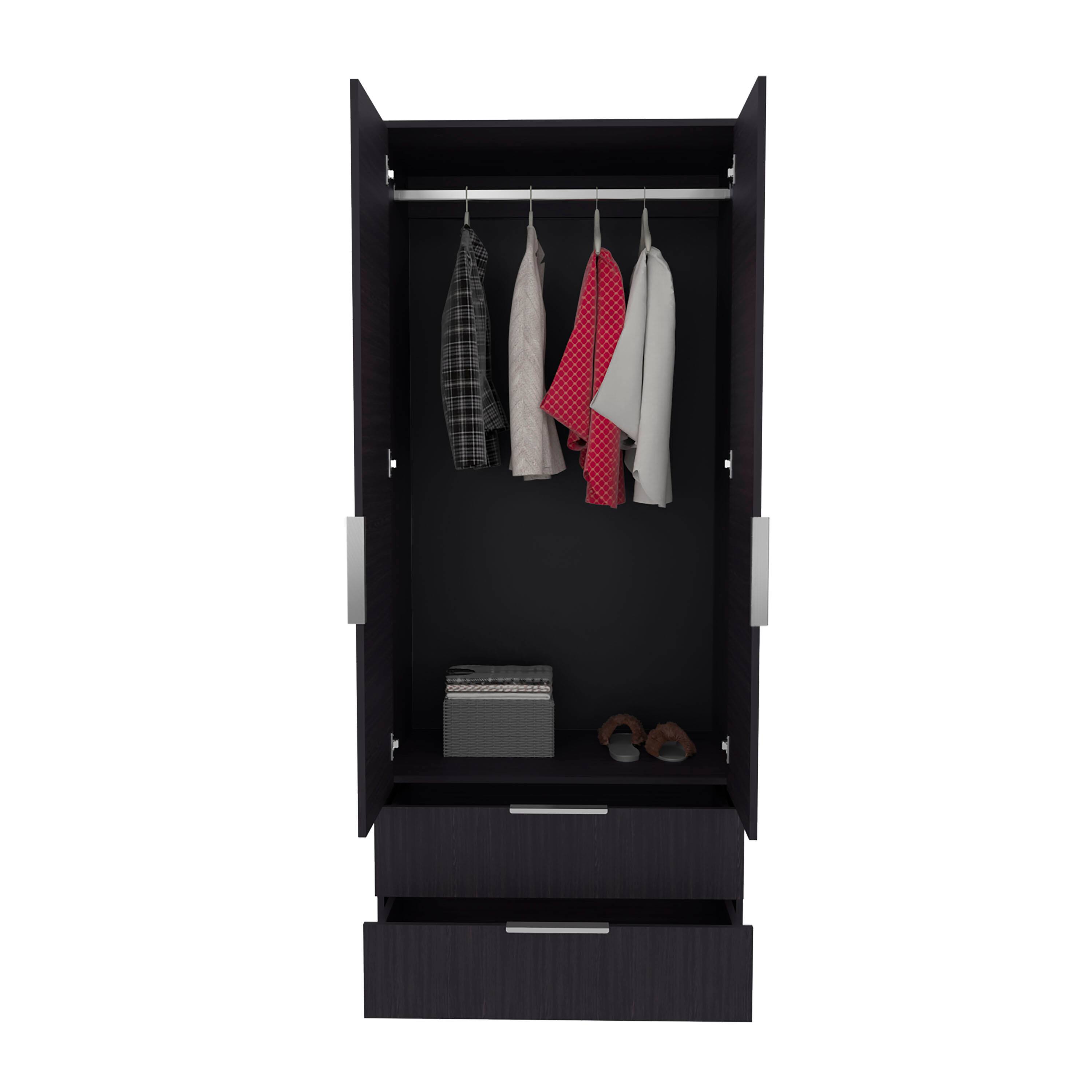 Angle. TuHome - Wenden Armoire Double Doors, Two Drawers, Hanging Rod An Interior Shleves, Wardrobe - Black.