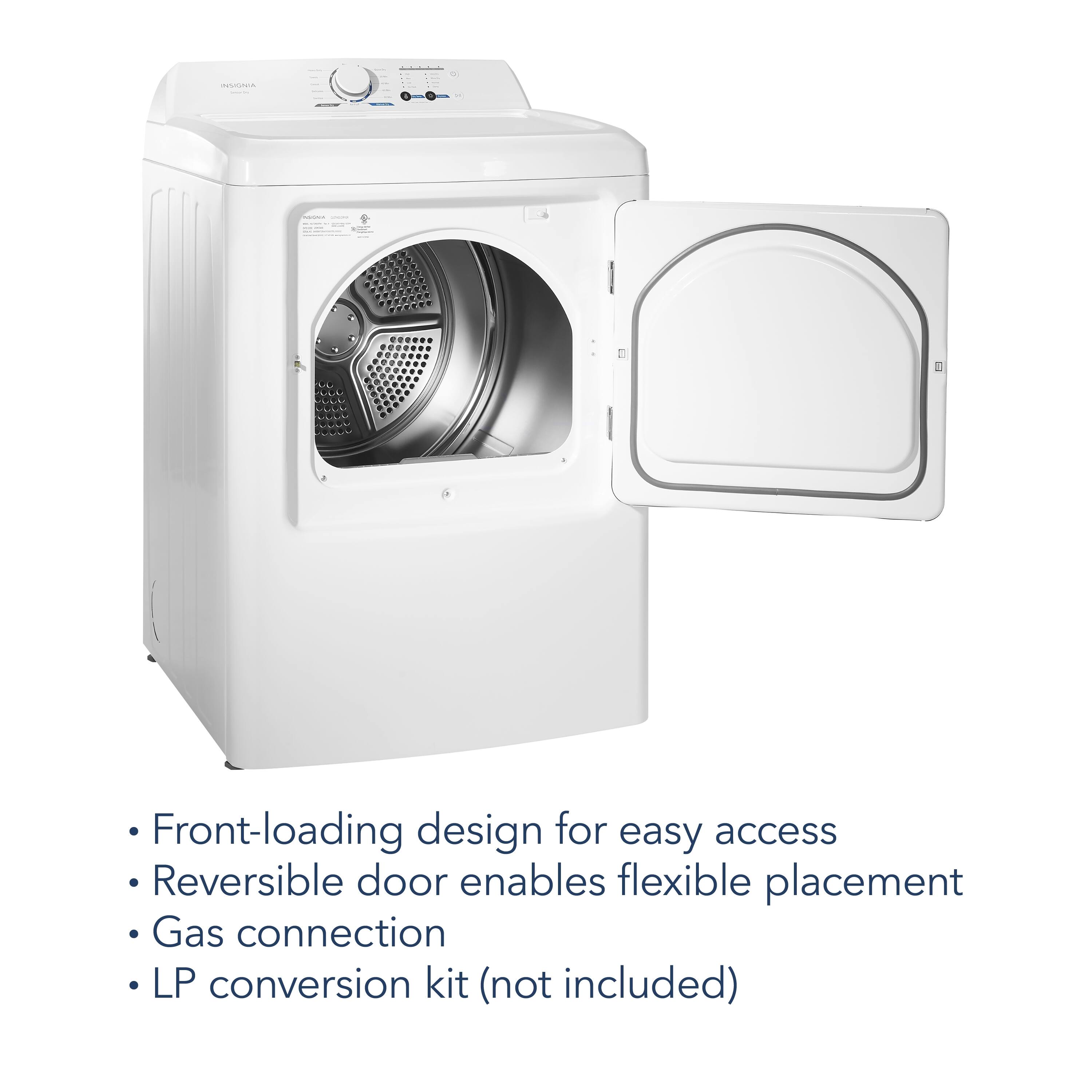 The text on the image reads: "Front-loading design for easy access, Reversible door enables flexible placement, Gas connection, LP conversion kit (not included)."