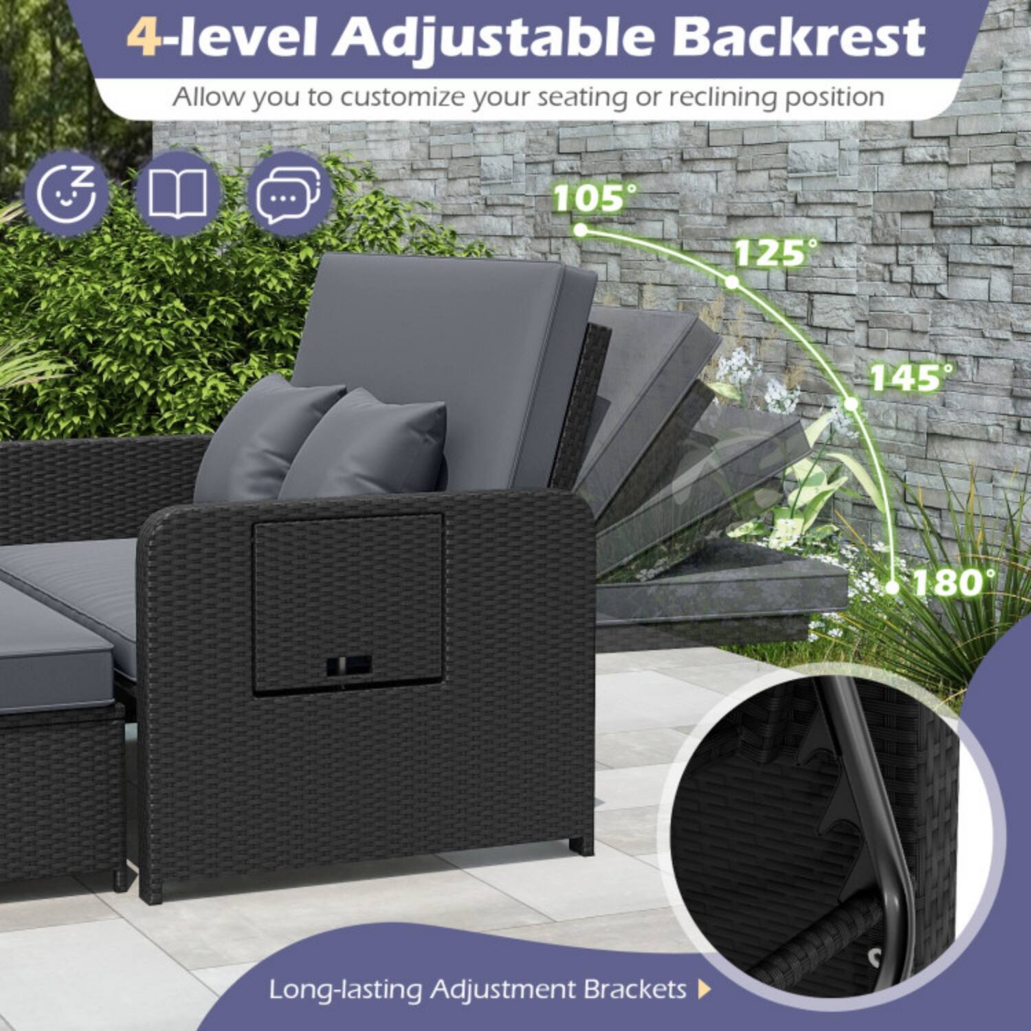4-level Adjustable Backrest  
Allow you to customize your seating or reclining position  
105° 125° 145° 180°  
Long-lasting Adjustment Brackets