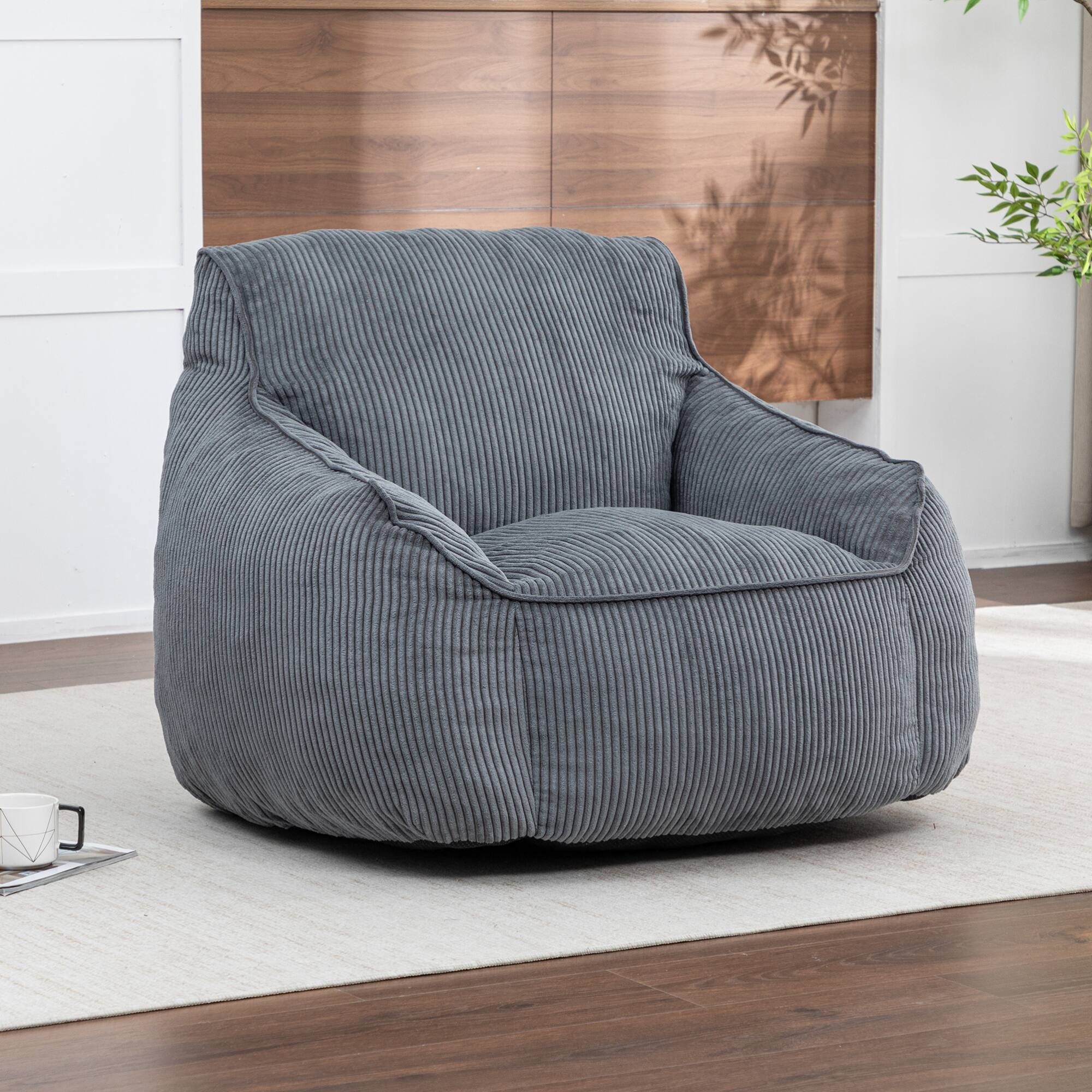 Angle. GOODSILO - Large Corduroy Bean Bag Sofa Chair with Armrests and Included Filler for Living Room and Bedroom - Dark Gray.