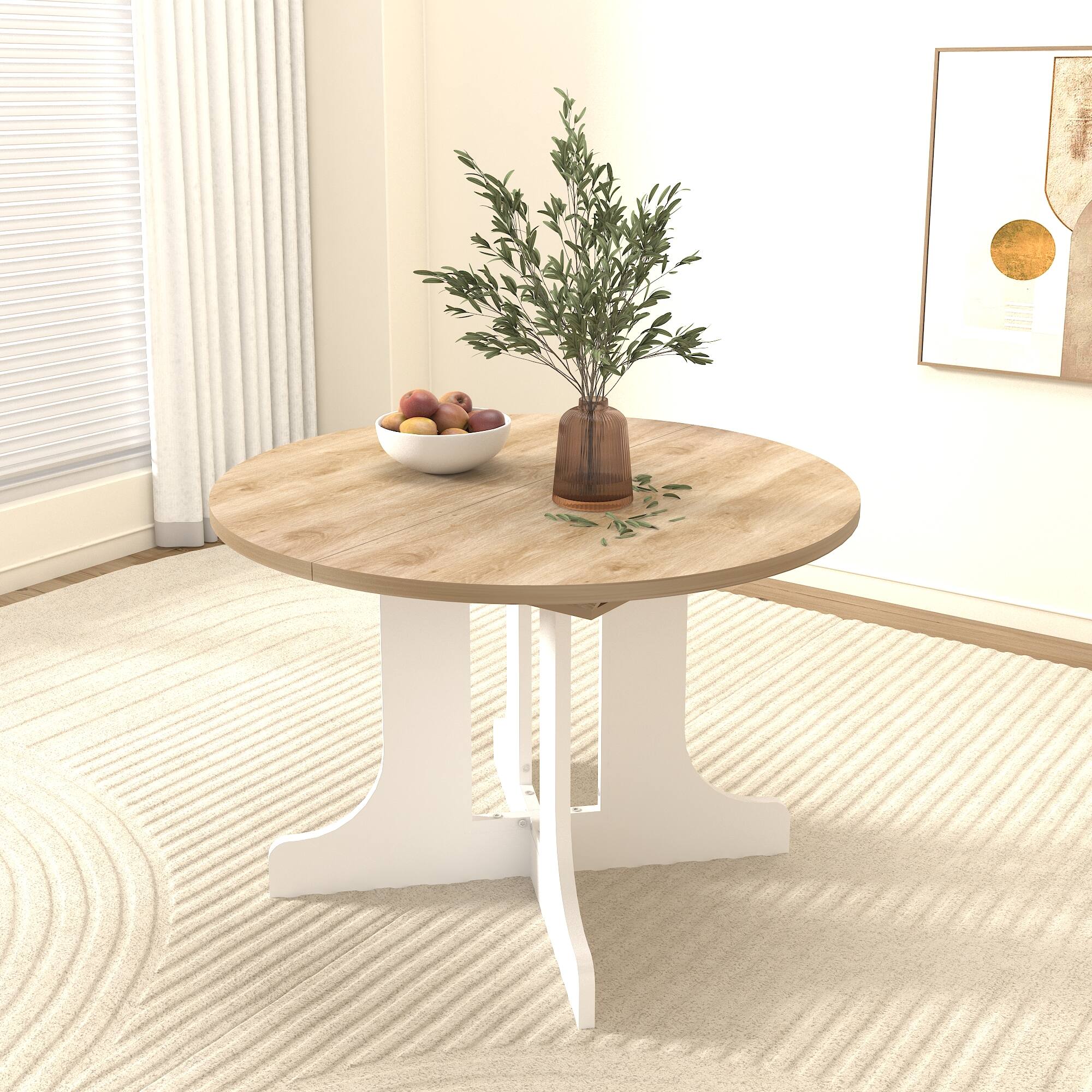 Alt View 6. Tiramisubest - Dining Table for Farmhouse Kitchen 59x43 Inch Expandable Oval Table Top with Removable Leaf Trestle X Shaped Base,White - White Oak.