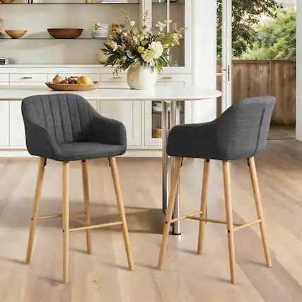 Front. HTUTWOO - Modern Bar Stools Set of 2, Ergonomic Backrest & Footrest, Linen Upholstered Tall Chairs for Kitchen Island, Home Bar - Black.