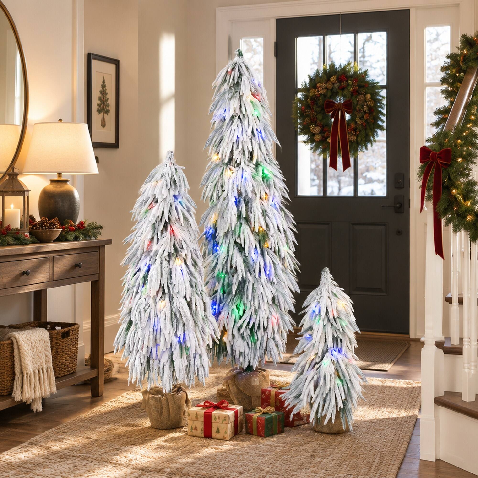 Alt View 1. RYHNUYNE - 3-Piece Pre-Lit Flocked Christmas Tree Set With 3FT 4.5FT 6FT Trees and 235 Warm White Multi-Color LED Lights - Green,White.