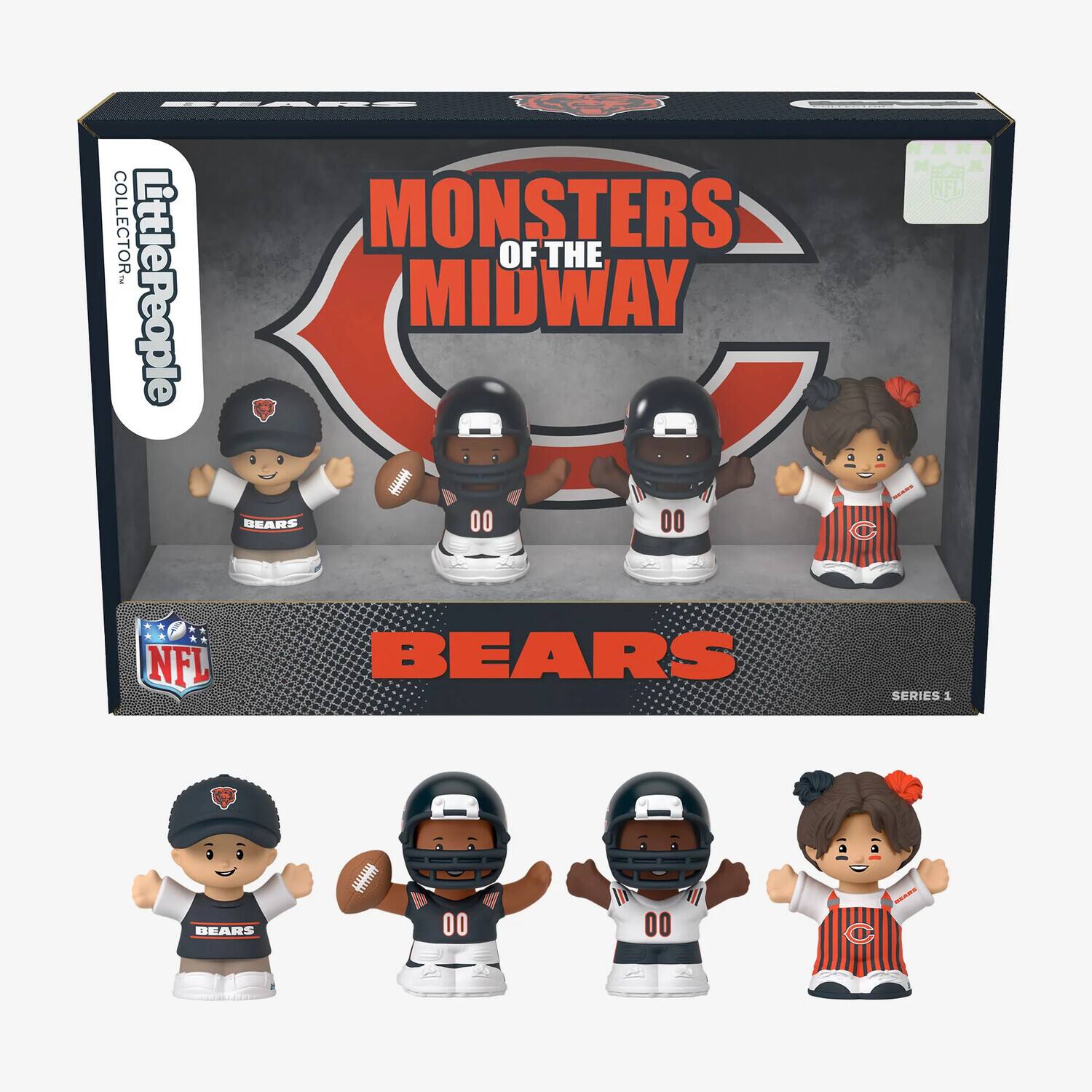 The text on the image is:
"Little People Collector Monsters of the Midway Bears 00 00 3 M A NFL NFL Bears Series 1 Bears"
Corrected and grouped:
"Little People Collector - Monsters of the Midway Bears 00 00 3 M A NFL NFL Bears Series 1 Bears"