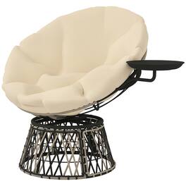 Outsunny - 39" Outdoor Papasan Chair with Side Tray, 360° Swivel Overstuffed Circle Chair with Thickened Cushion - Beige
