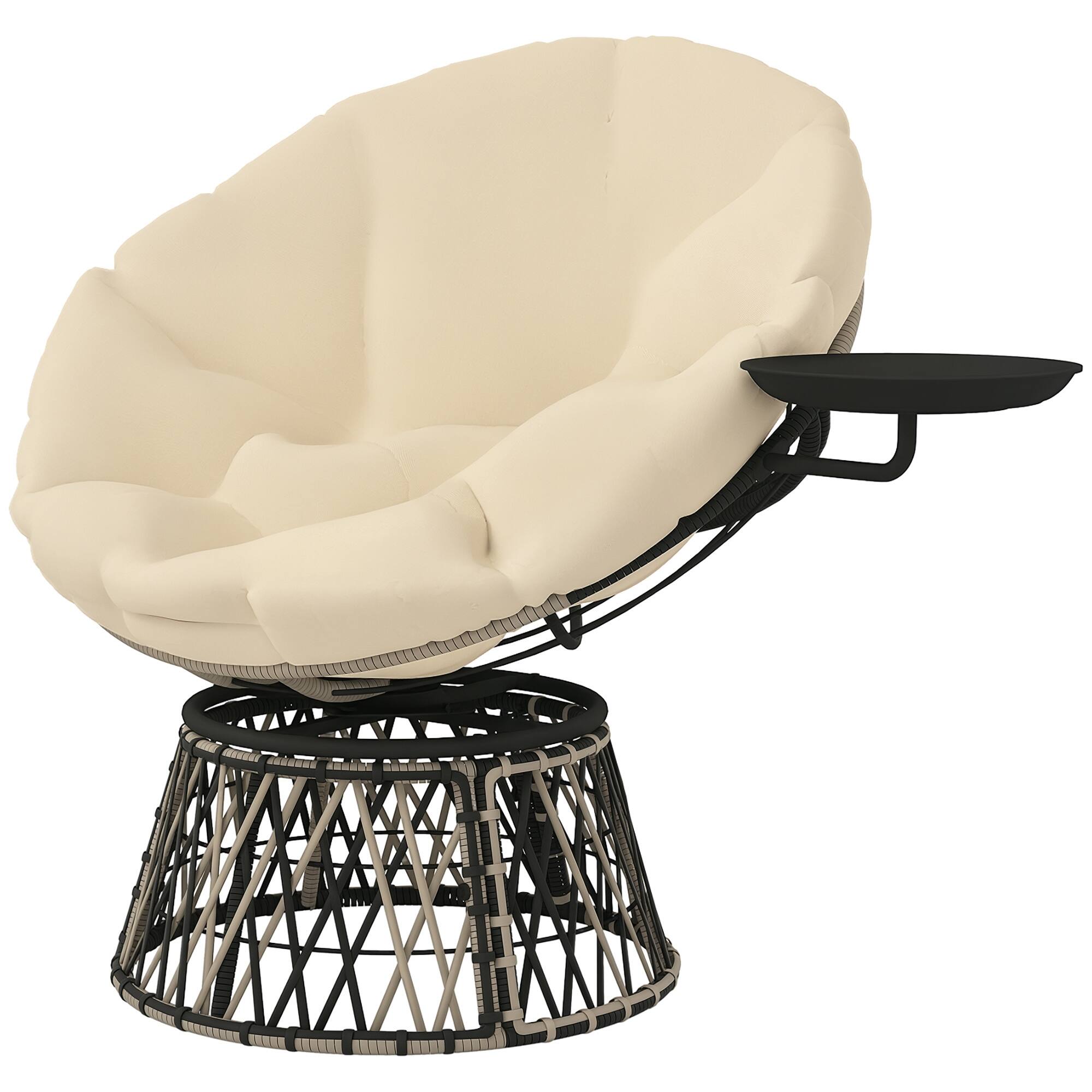 Front. Outsunny - 39" Outdoor Papasan Chair with Side Tray, 360° Swivel Overstuffed Circle Chair with Thickened Cushion - Beige.