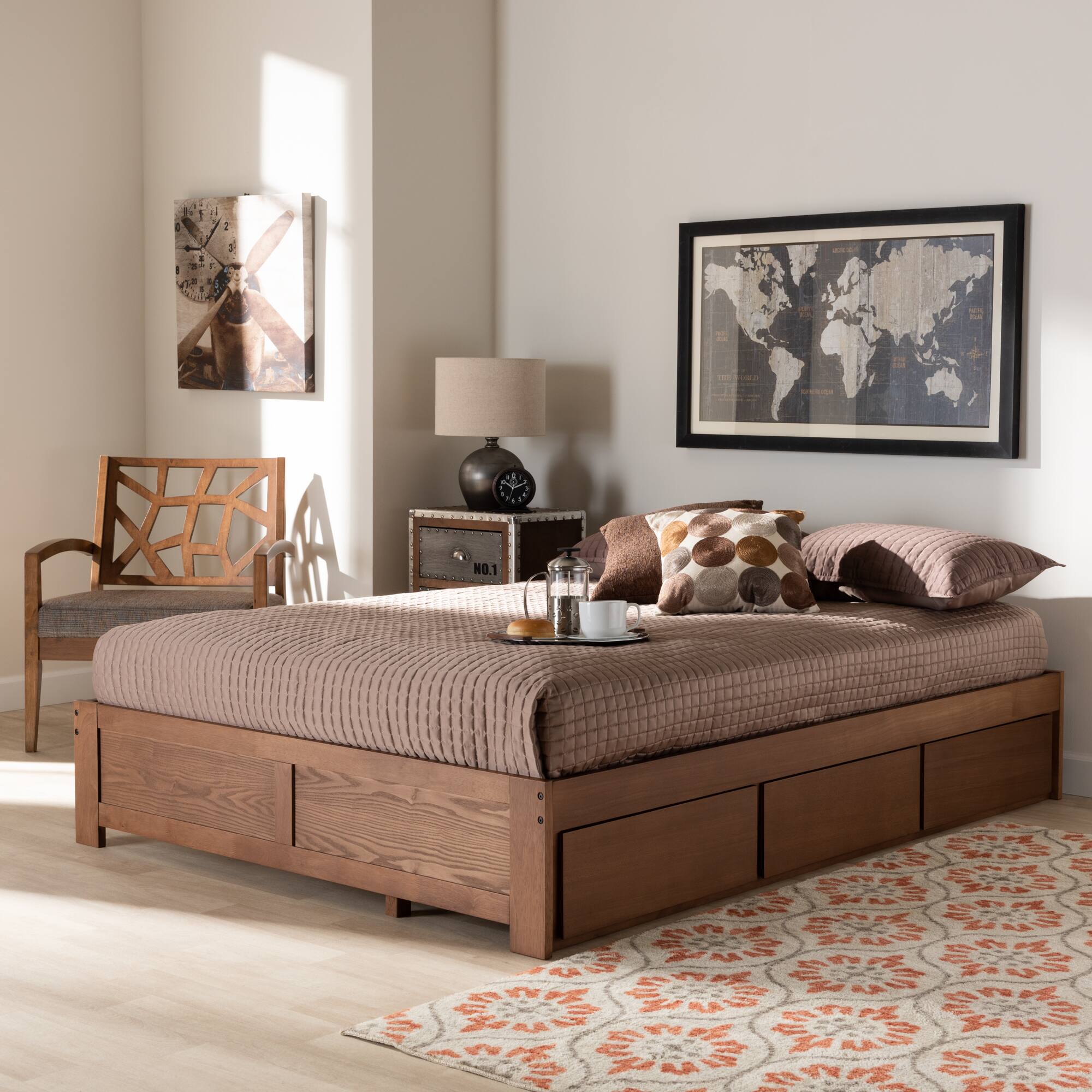 Alt View 4. Baxton Studio - Wren Modern and Contemporary Walnut Finished 3-Drawer Full Size Platform Storage Bed Frame - Walnut.