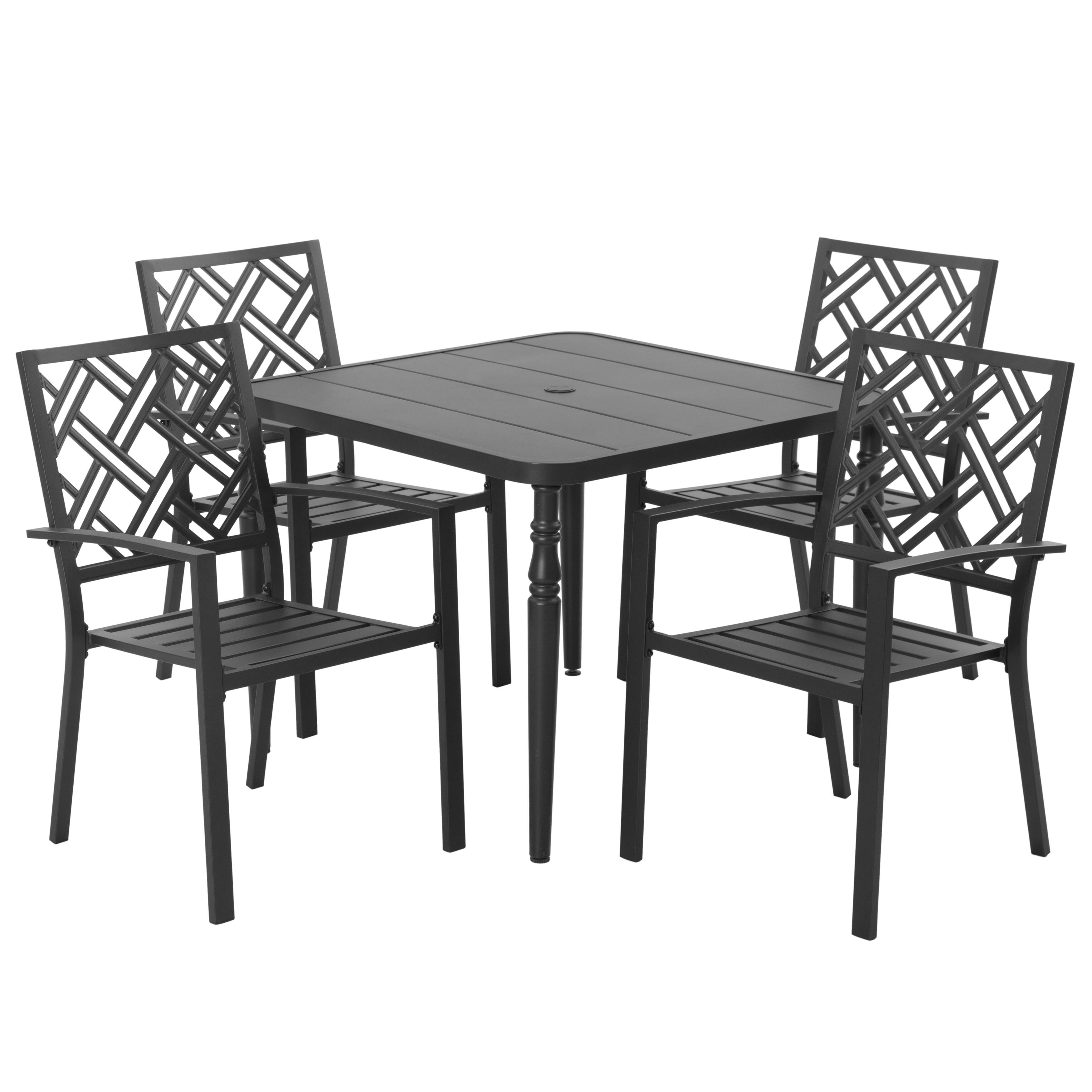 Angle. Nuu Garden - 5-Piece Metal Patio Dining Set with Umbrella Hole and 4 Stackable Chairs - Black.
