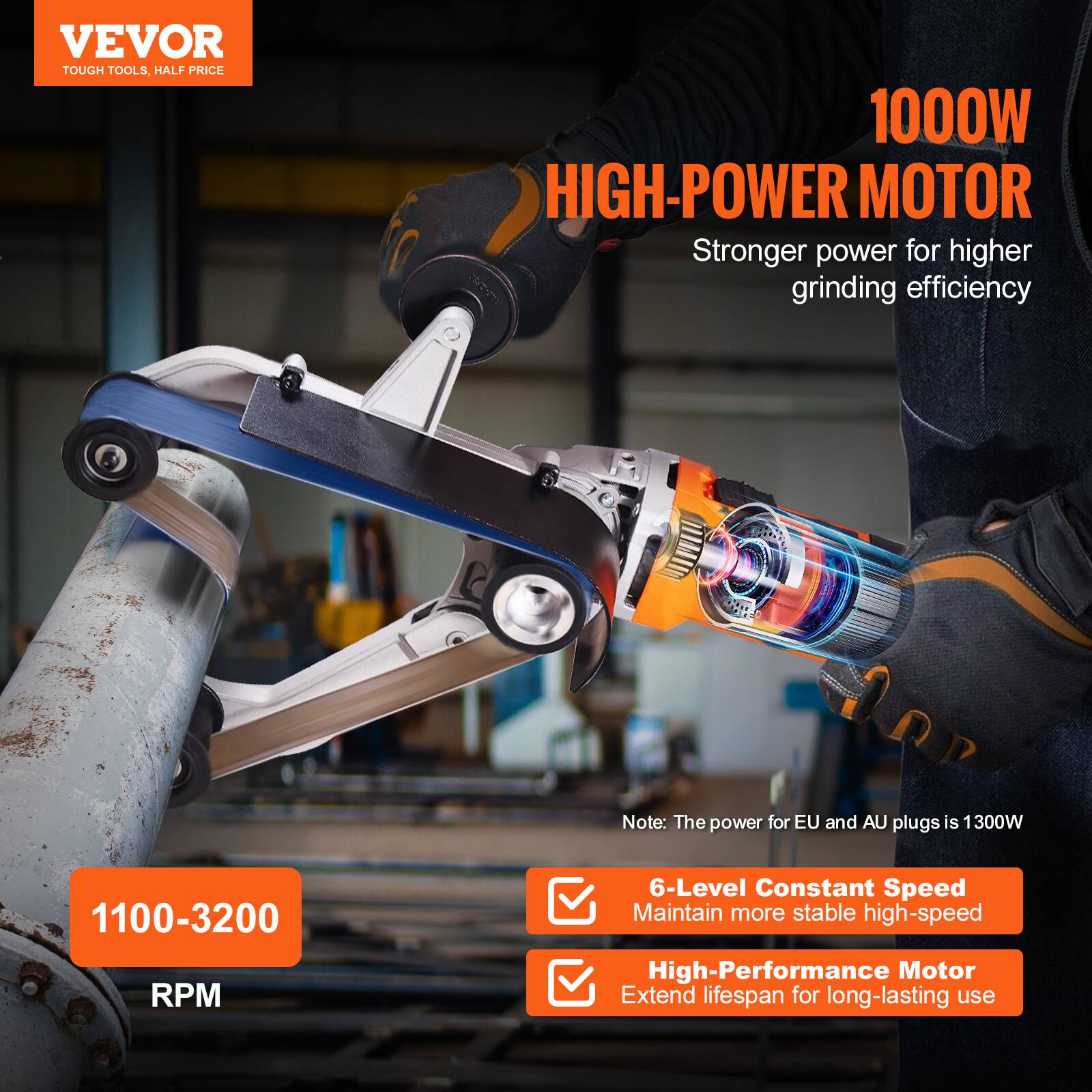 VEVOR TOUGH TOOLS, HALF PRICE

1000W HIGH-POWER MOTOR
Stronger power for higher grinding efficiency
Note: The power for EU and AU plugs is 1300W

1100-3200 RPM

6-Level Constant Speed
Maintain more stable high-speed

High-Performance Motor
Extend lifespan for long-lasting use