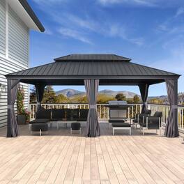 PURPLE LEAF - Permanent Hardtop Aluminum Gazebo with Double Roof for Patio Lawn and Garden, Curtains and Netting Included - 14' X 20'