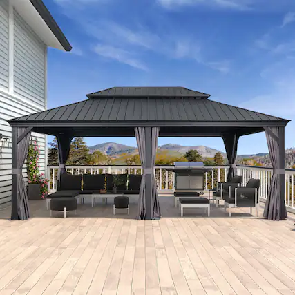 Front. PURPLE LEAF - 14' X 20' Permanent Hardtop Aluminum Gazebo with Double Roof for Patio Lawn and Garden, Curtains and Netting Included - 14' X 20'.