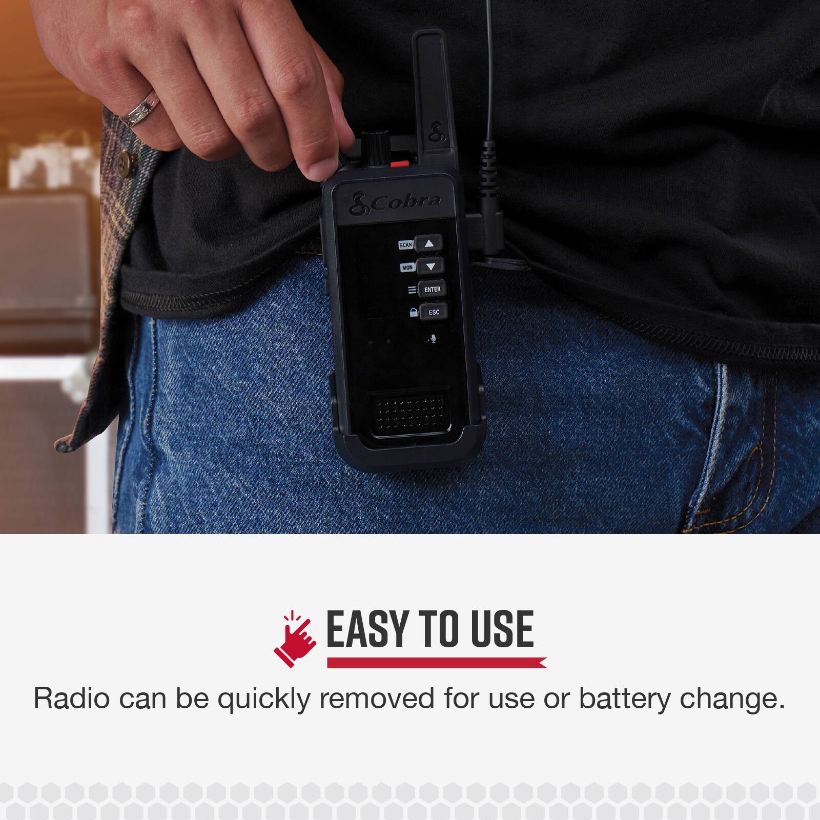 "Cobra" and "SIAM WIN ENTER 201" are not part of the text on the image. The text on the image reads: "Easy to use Radio can be quickly removed for use or battery change."