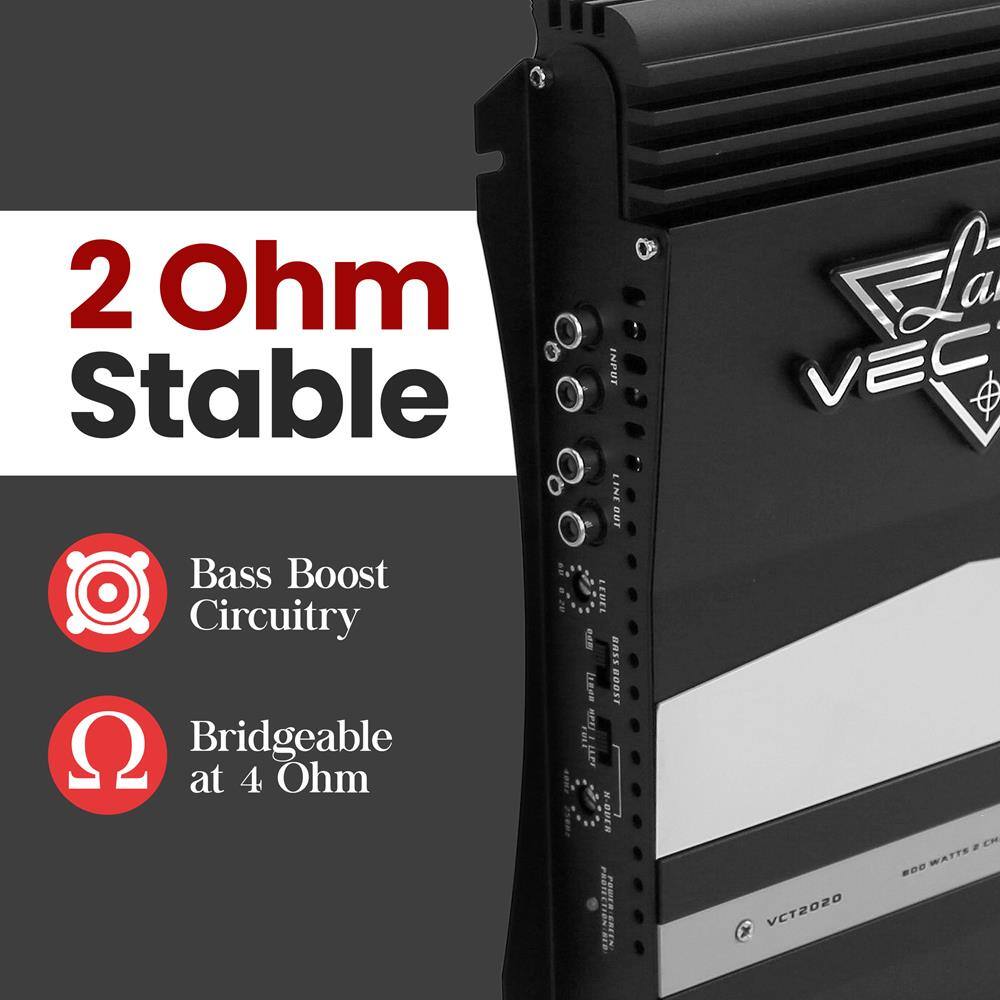 2 Ohm Stable  
INPUT LINE OUT  
Bass Boost Circuitry  
Bridgeable at 4 Ohm  
VCT2020 - 800 WATTS 2 CH