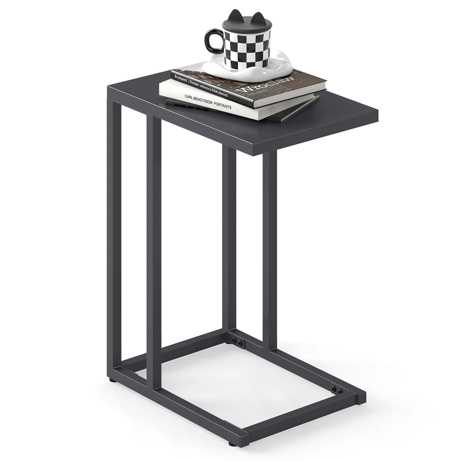 Gymax - C Shaped End Table w/ Metal Frame Sofa Table for Small Space Indoor Outdoor - Gray