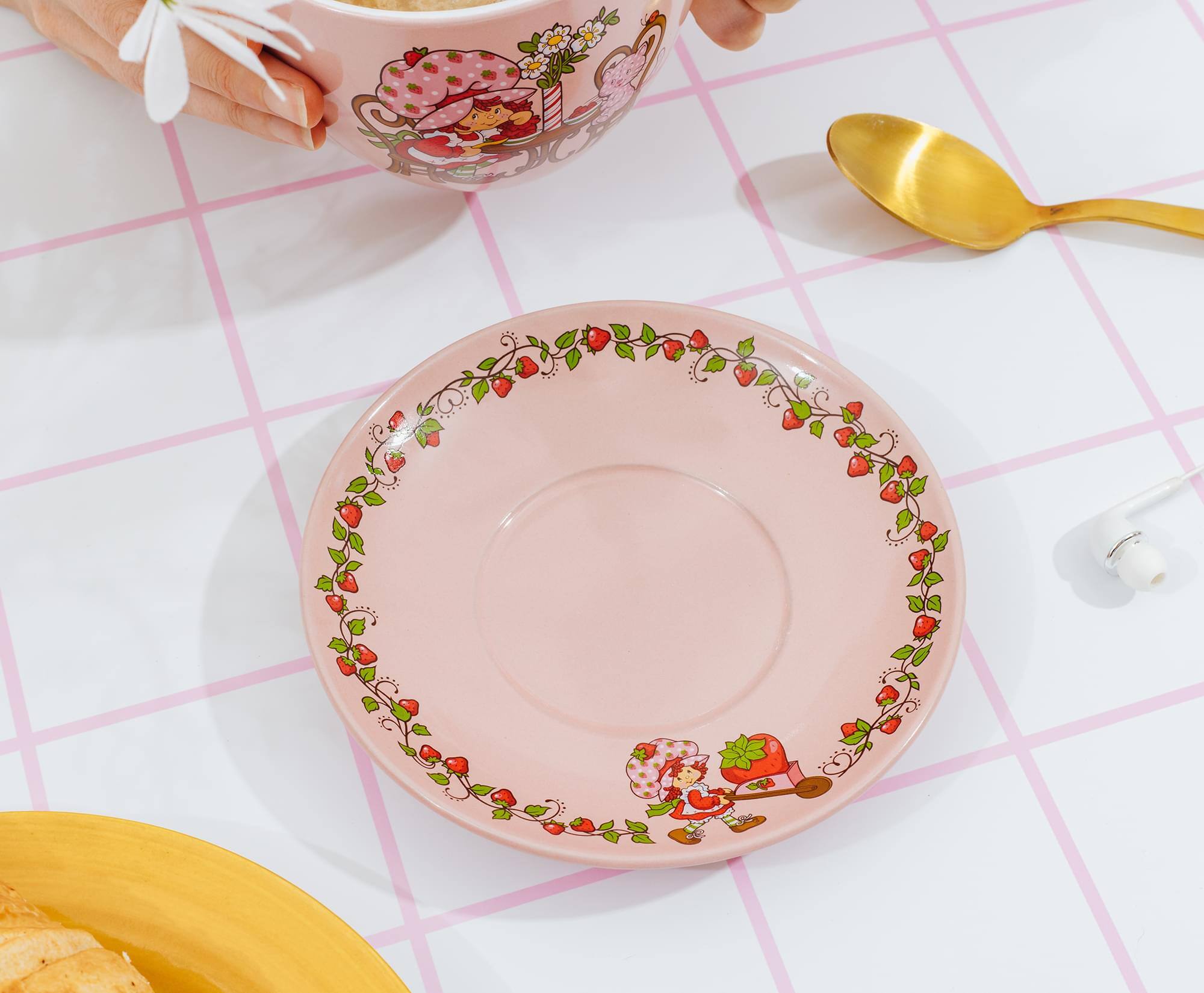 Alt View 5. Silver Buffalo - Strawberry Shortcake Tea Party Ceramic Teacup and Saucer Set | Holds 22 Ounces - Pink.