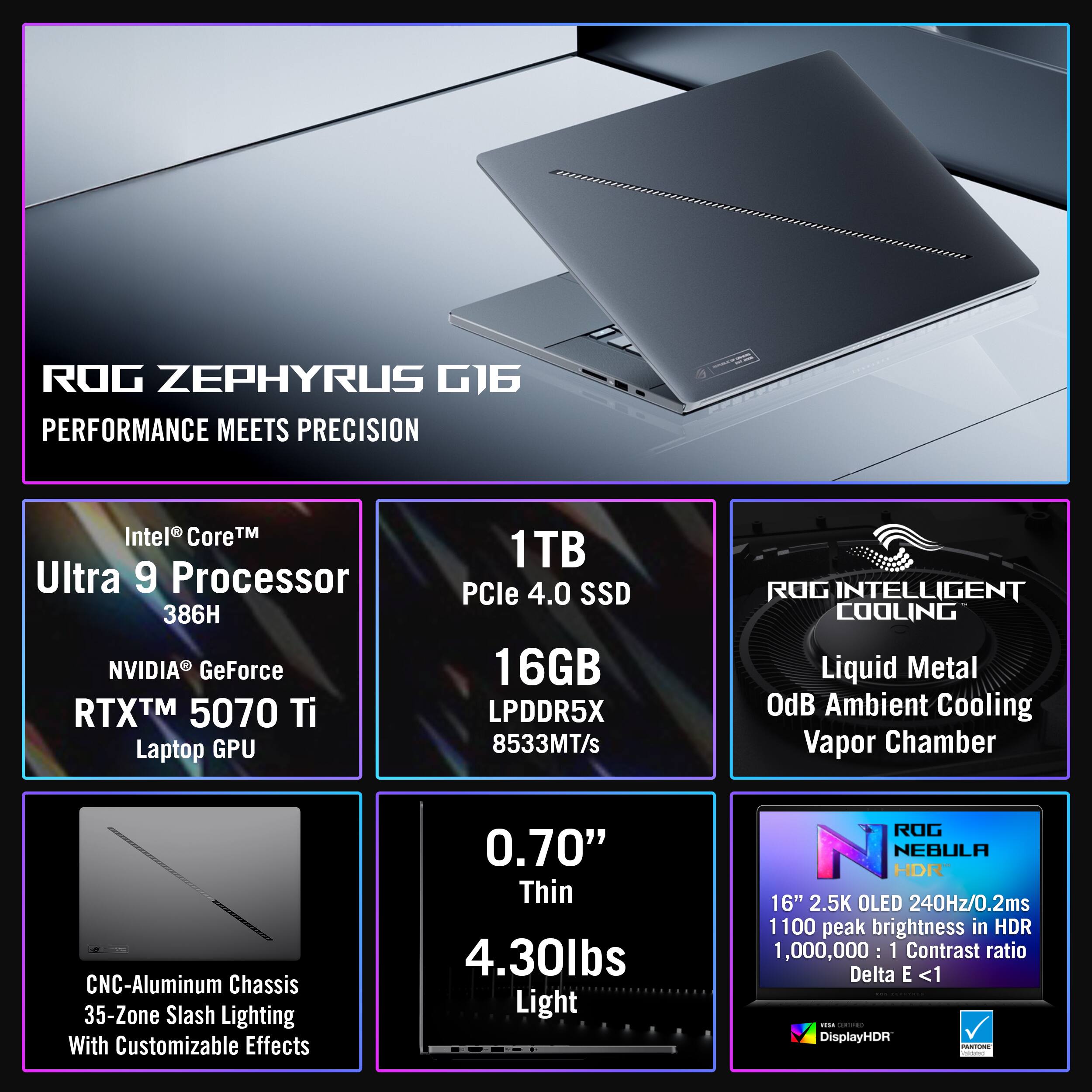 ROG Zephyrus G16  
Performance Meets Precision

- Intel® Core™ Ultra 9 Processor 386H
- NVIDIA® GeForce RTX™ 5070 Ti Laptop GPU
- 1TB PCIe 4.0 SSD
- 16GB LPDDR5X 8533MT/s
- ROG Intelligent Cooling: Liquid Metal, ODB Ambient Cooling, Vapor Chamber
- CNC-Aluminum Chassis
- 35-Zone Slash Lighting with Customizable Effects
- 0.70" Thin, 4.30lbs Light
- ROG Nebula HDR
- 16" 2.5K OLED 240Hz/0.2ms
- 1100 peak brightness in HDR
- 1,000,000:1 Contrast Ratio
- Delta E < 1
- DisplayHDR