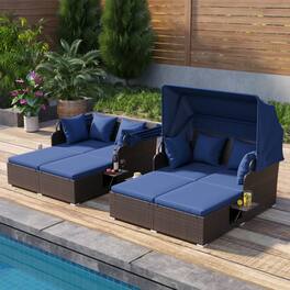 Mondawe - 5" Outdoor Rattan Daybed w Retractable Canopy & Side Tables PE Wicker 2 Seat Cushions - Mix Brown+Navy