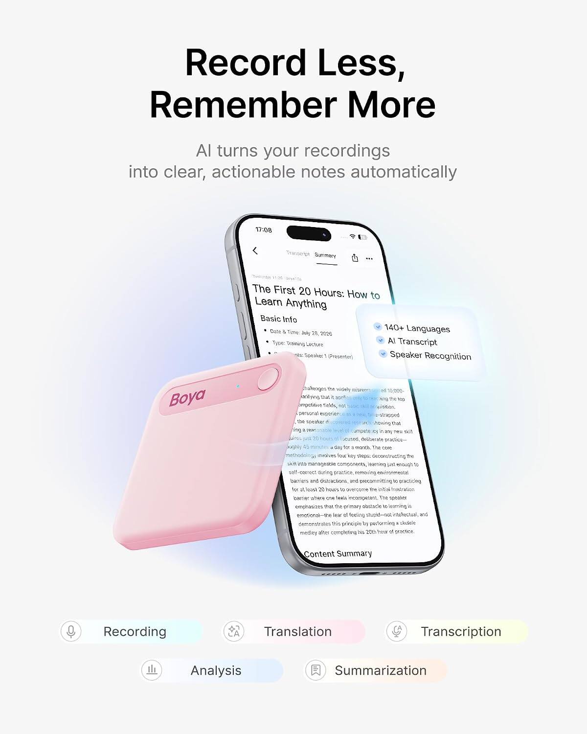 Record Less, Remember More

AI turns your recordings into clear, actionable notes automatically

17:08

Transcript Summary

11:00 The First 20 Hours: How to Learn Anything Basic Info 140+ Languages Date & Time: July 26, 2020 Type: Training AI Transcript Lecture Speaker (Presenter) Speaker Recognition

Boya

challenges the widely misperceived notion that it takes years of dedicated practice to become an expert in any field, not personal experience or innate talent. The speaker recounts his own experience of learning to play the guitar, showing that it only took 20 hours of deliberate practice—roughly 45 minutes a day for a month. The core methodology involves four key steps: deconstructing the skill into manageable components, learning just enough to self-correct during practice, removing environmental barriers and distractions, and precommitting to practicing for 20 hours to overcome the initial frustration barrier where one feels incompetent. The speaker emphasizes that the primary obstacle of learning is emotional—fear of feeling stupid—not intellectual, and demonstrates this principle by performing a ukulele medley after completing his 20th hour of practice.