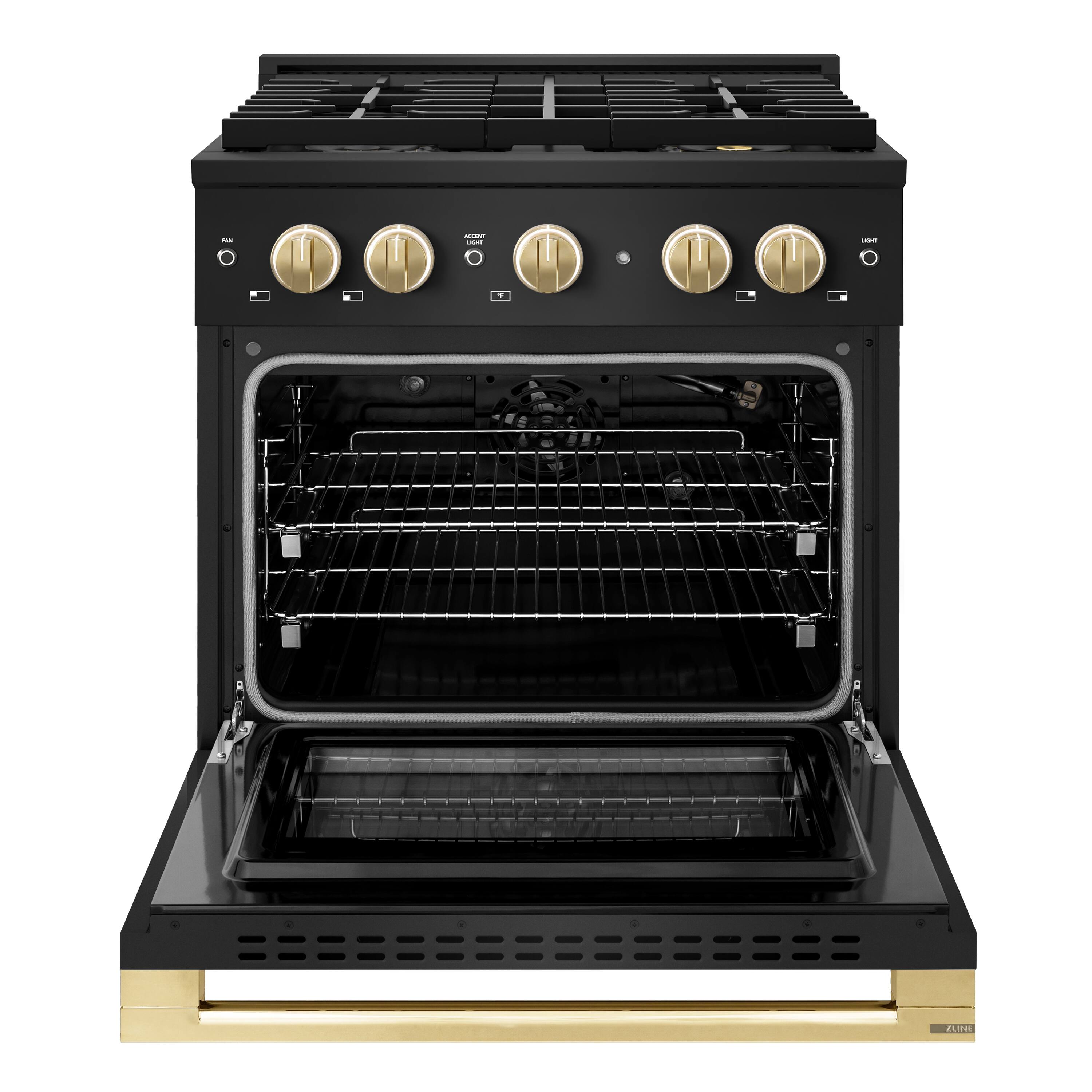 Angle. ZLINE - Autograph 30 in. 4.2 cu. ft. Marino Freestanding Manual Clean Gas Range with DuoPro Cooktop with Gold Accents - Black Stainless Steel.