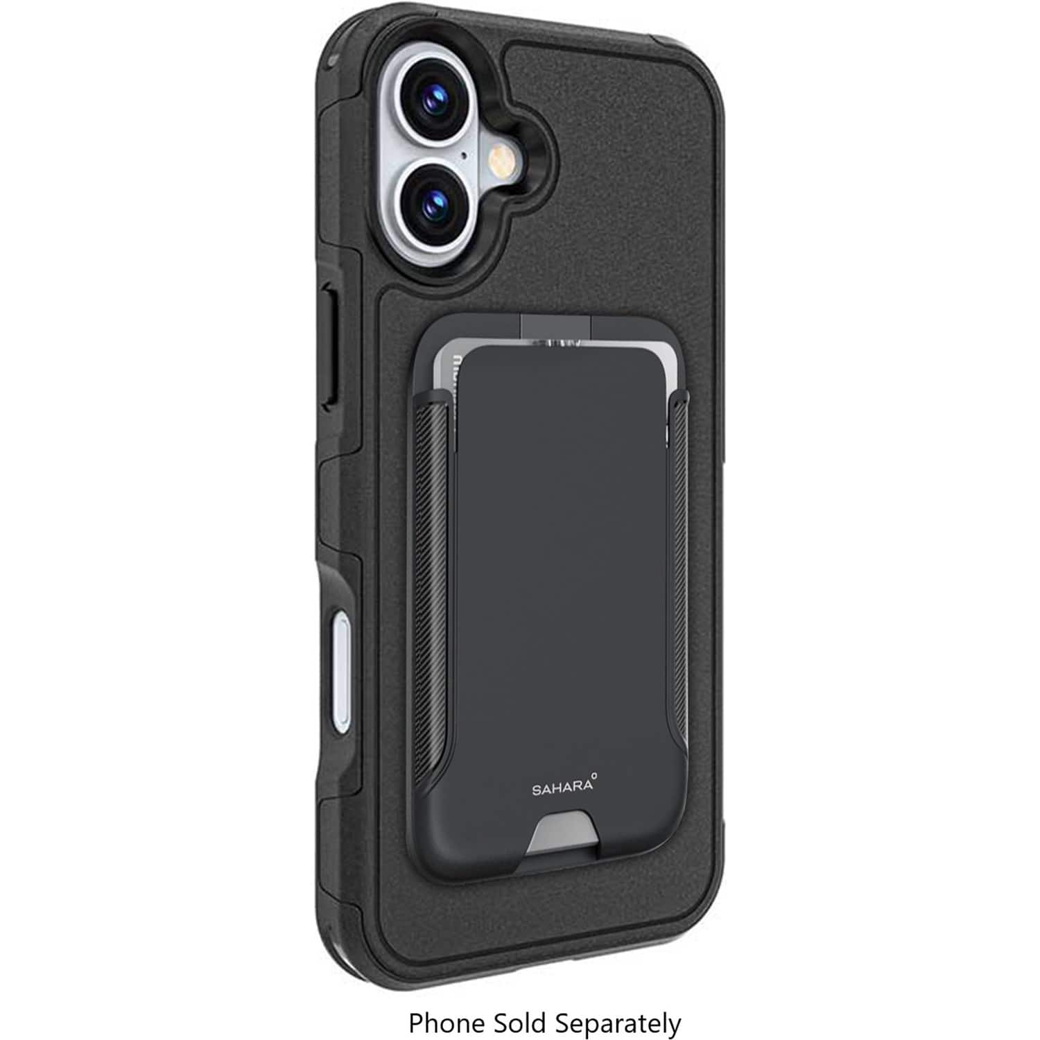 The image features a black phone case that is advertised as being compatible with the SAHARA phone. The case is designed to protect the phone and is sold separately. The case is made of durable material and is designed to fit the phone snugly. The case is available for purchase and can be used to enhance the phone's appearance and provide protection.