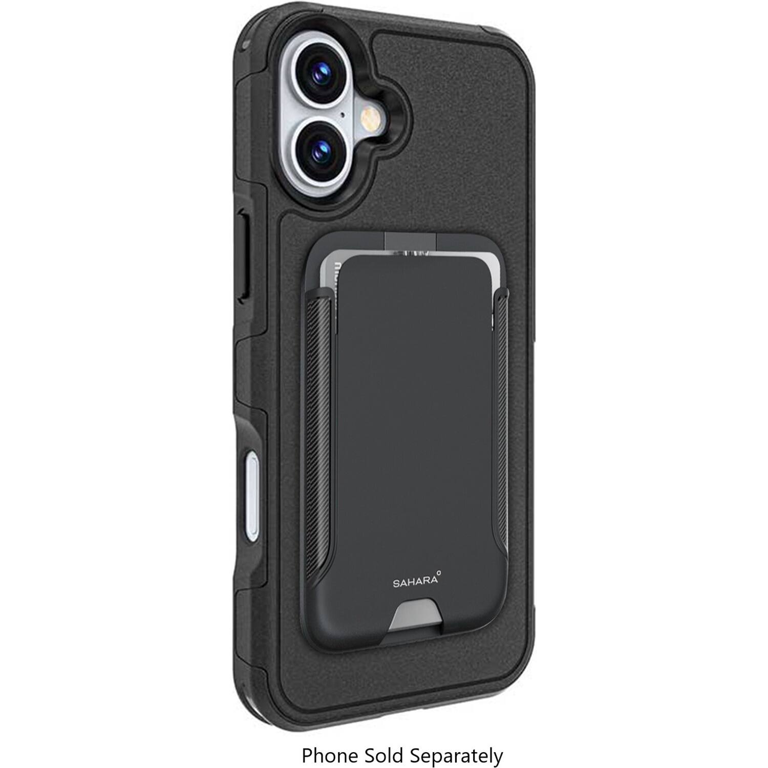 The image features a black phone case that is advertised as being compatible with the SAHARA phone. The case is designed to protect the phone and is sold separately. The case is made of durable material and is designed to fit the phone snugly. The case is available for purchase and can be used to enhance the phone's appearance and provide protection.