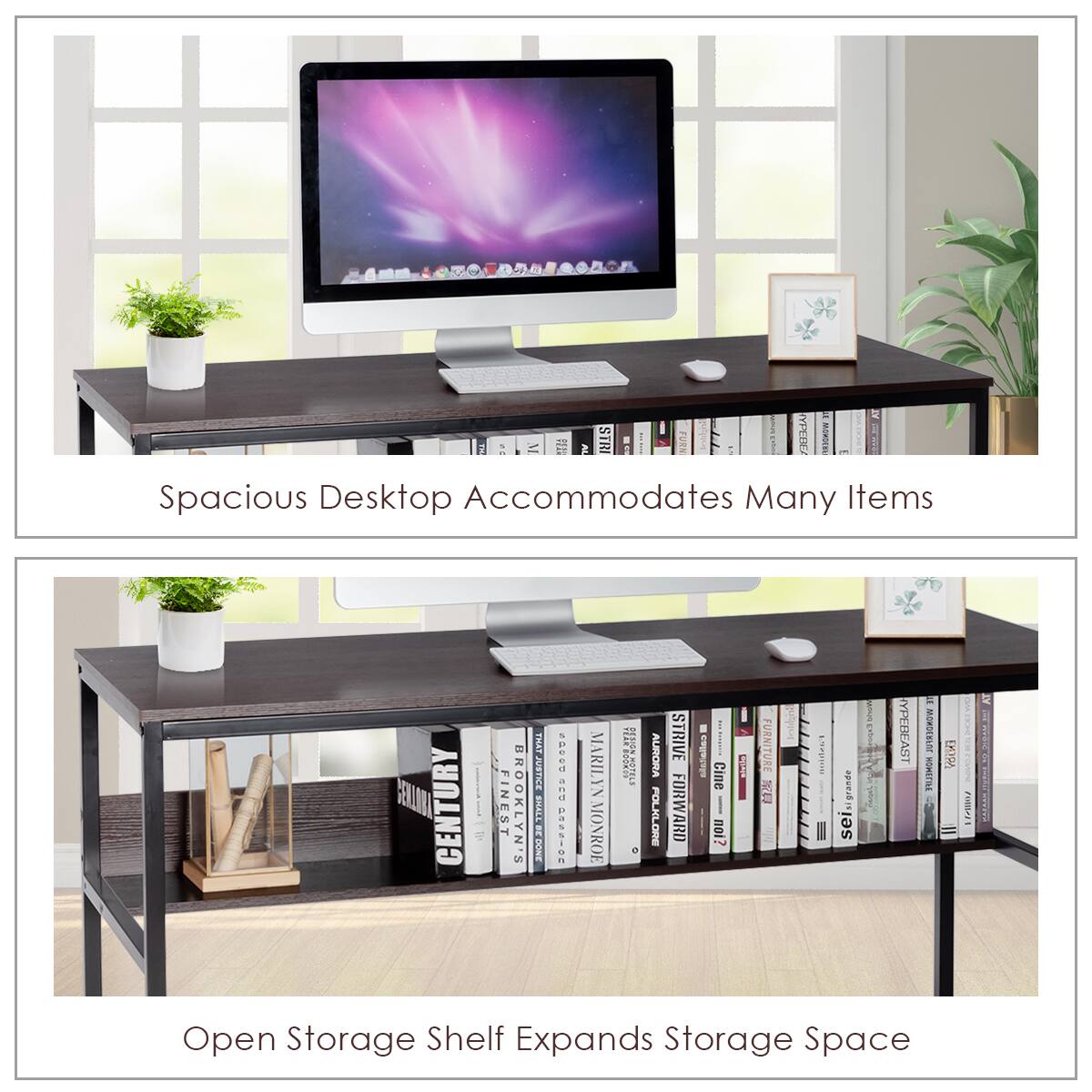Spacious Desktop Accommodates Many Items

Open Storage Shelf Expands Storage Space