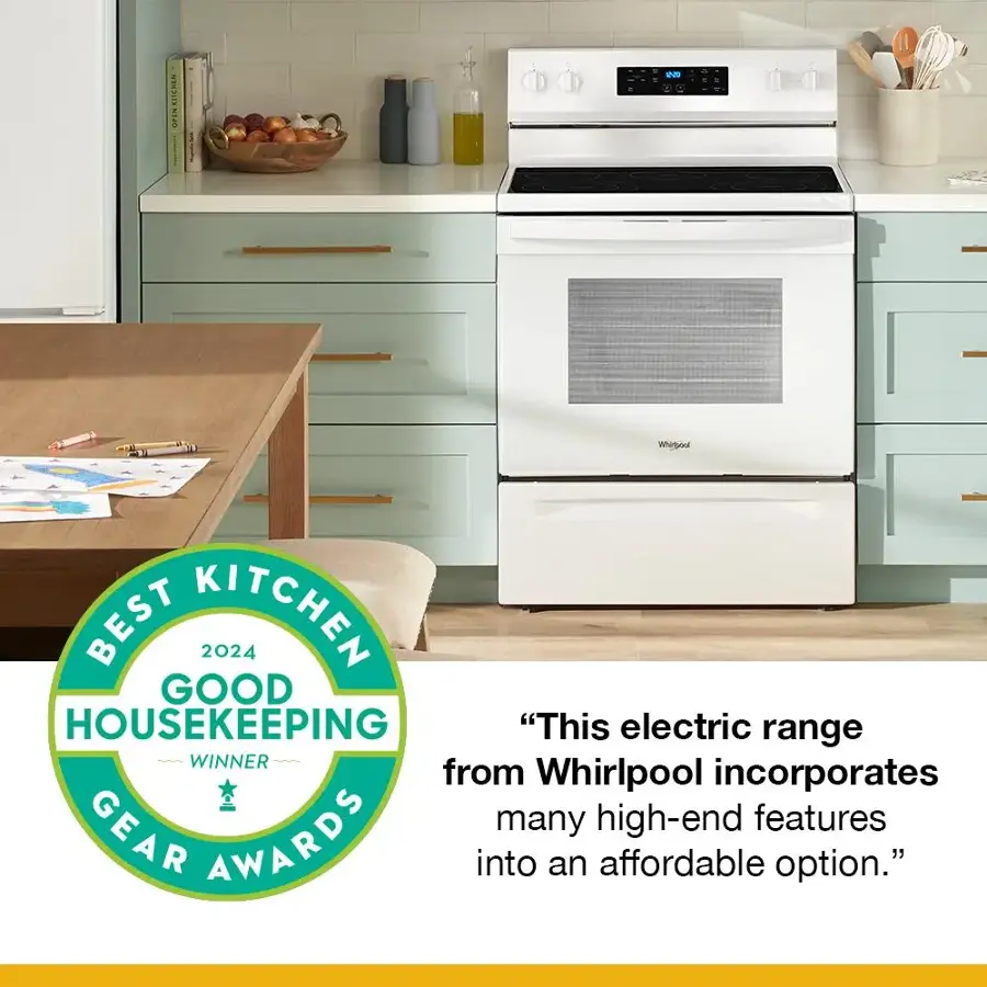 "Best Kitchen 2024 Good Housekeeping Winner: This electric range from Whirlpool incorporates many high-end features into an affordable option."