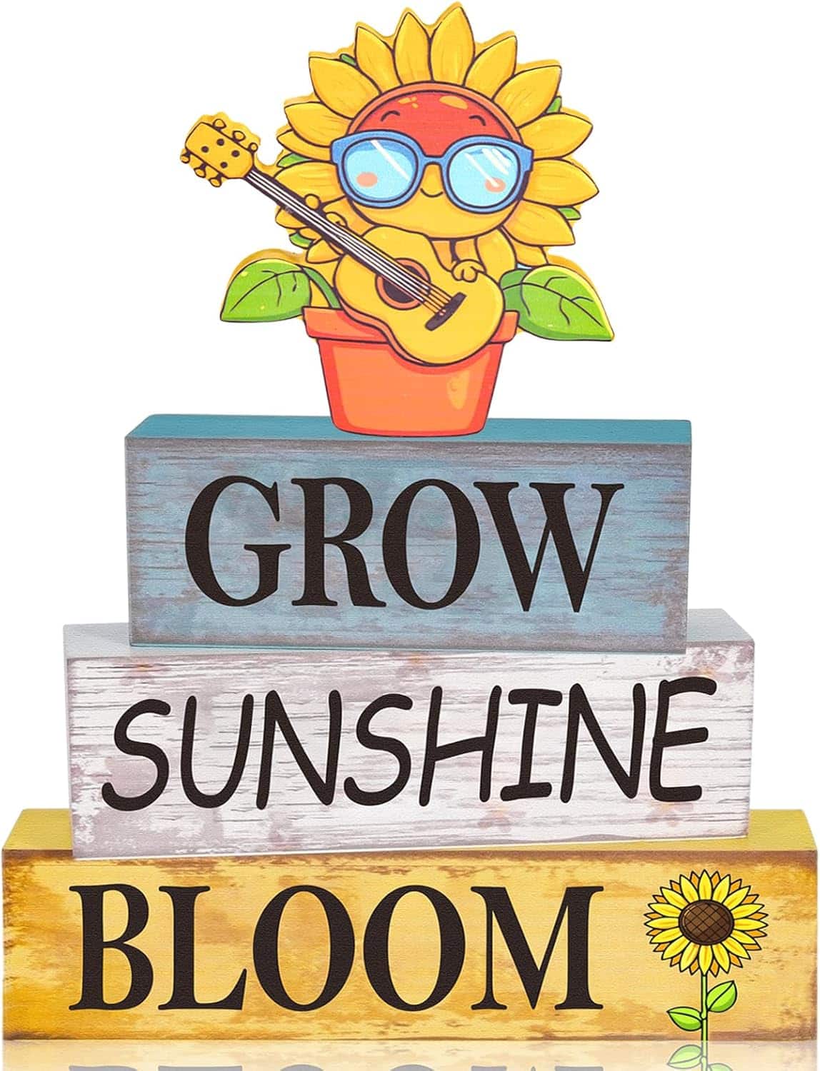 Hakka - 4 Pcs Sunflower Decor for Summer Wooden Tiered Tray Sign - Music Sunflower