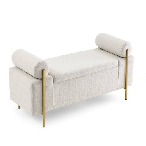 Front. HTUTWOO - Linen Storage Ottoman Bench for Living Room Bedroom - Elegant Upholstered Bench with Cylindrical Arms and Iron Legs - Beige.
