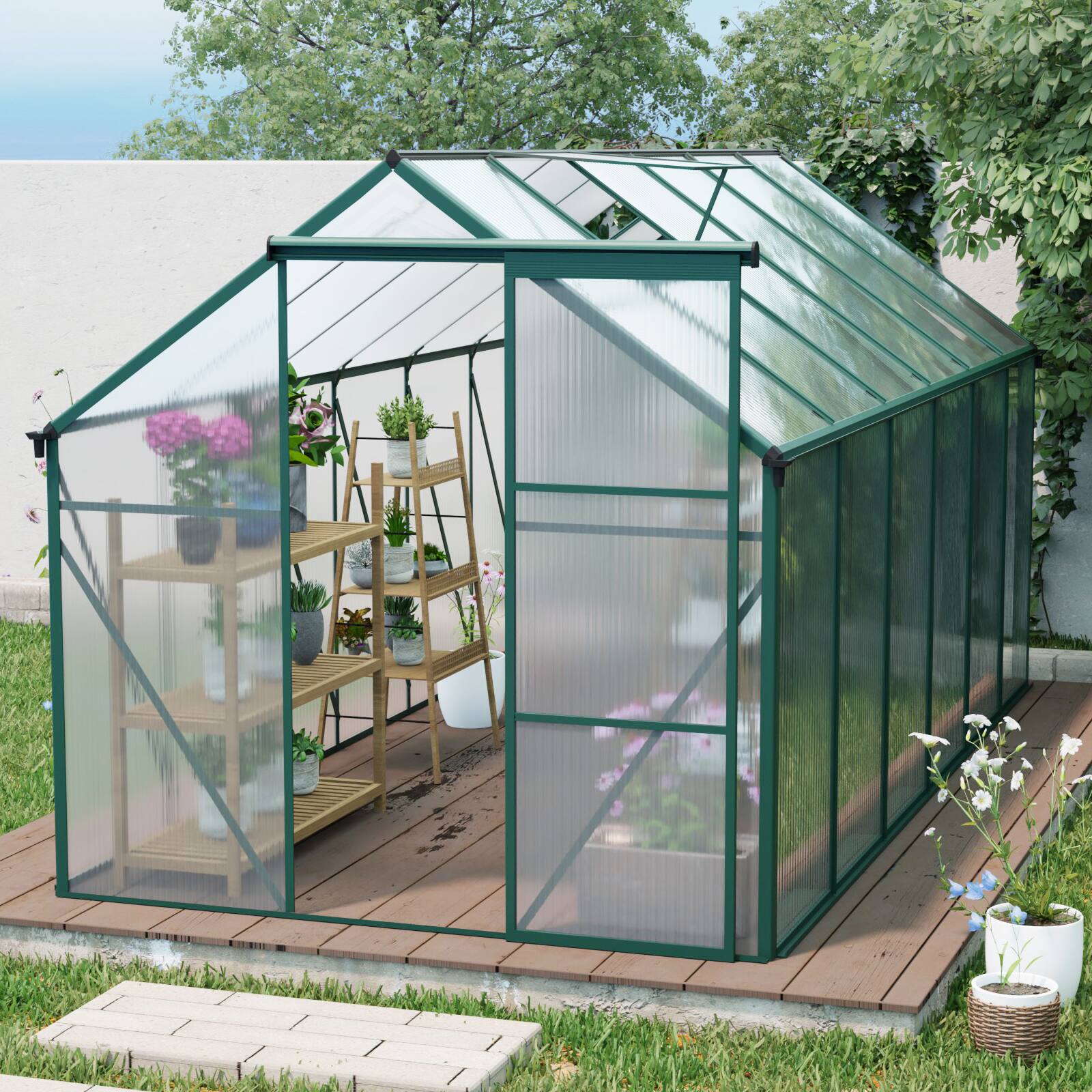 Left. Mondawe - 6x12 FT Heavy-Duty Walk-In Greenhouse with Polycarbonate Panels and Raised Base - Green.