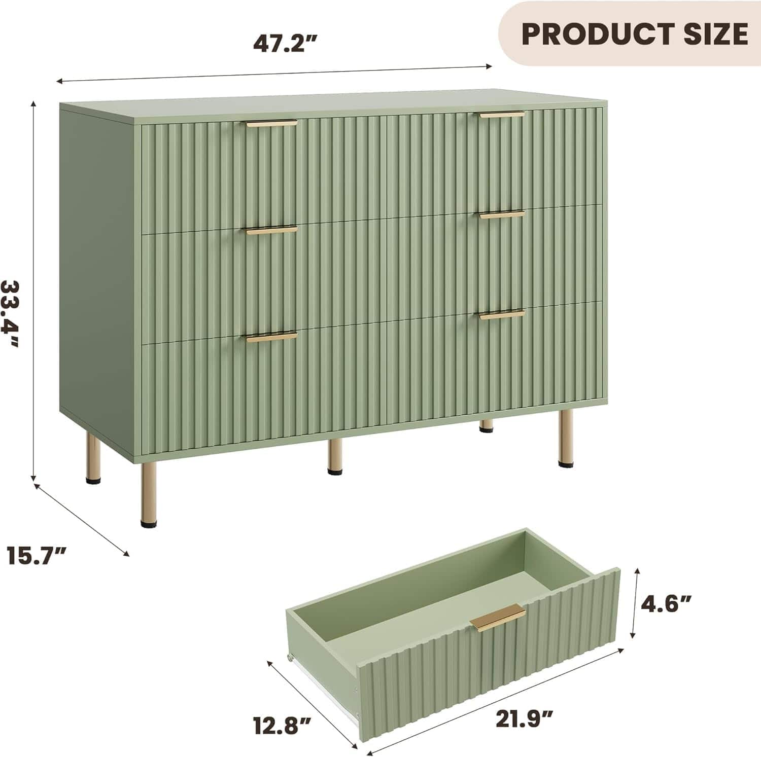 Homhougo - Matte Gray Green Zebra 6-Drawer Cabinet, Honeycomb, Gold Handle, Modern - Matt Gray Green