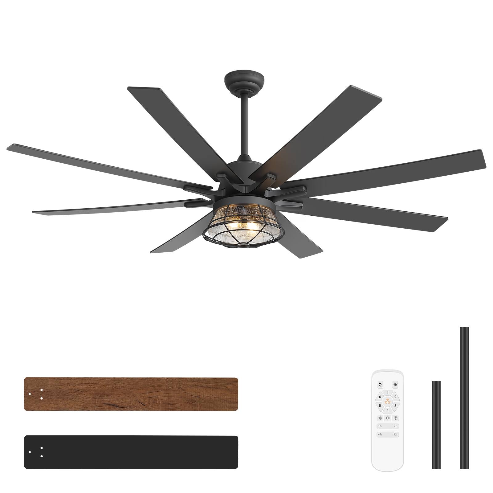 Alt View 9. Breezary - 65-Inch Ceiling Fan with Cage Light, 8 Plywood Blades, DC Motor, Angled Mount, Downrod Included，High Airflow Performance - Black.