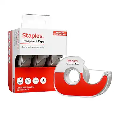 Staples
Transparent Tape
Best for labeling, sealing, and more
Staples
Transparent Tape
EVERYDAY USE
3/4" GLOEER J 1A
100 ft (30.5 m)
1/2" x 3/4" (12.7 mm x 19.1 mm)
10 Rolls per Pack
100 Rolls per Case