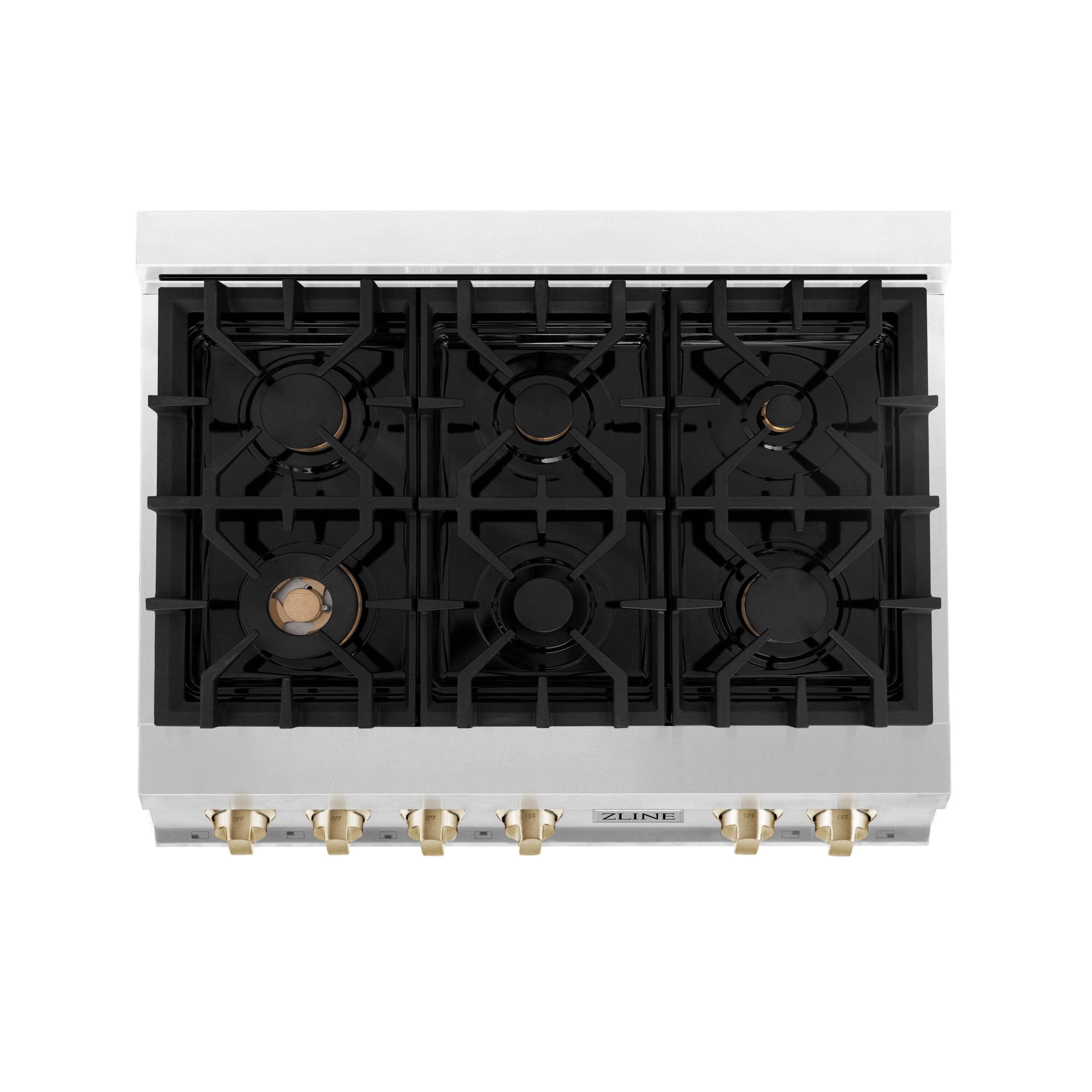 Left. ZLINE - ZLINE Autograph 36 in. Slide-In Classic Rangetop w/ 6 Burners in Stainless Steel & Polished Gold Accents - Stainless Steel.