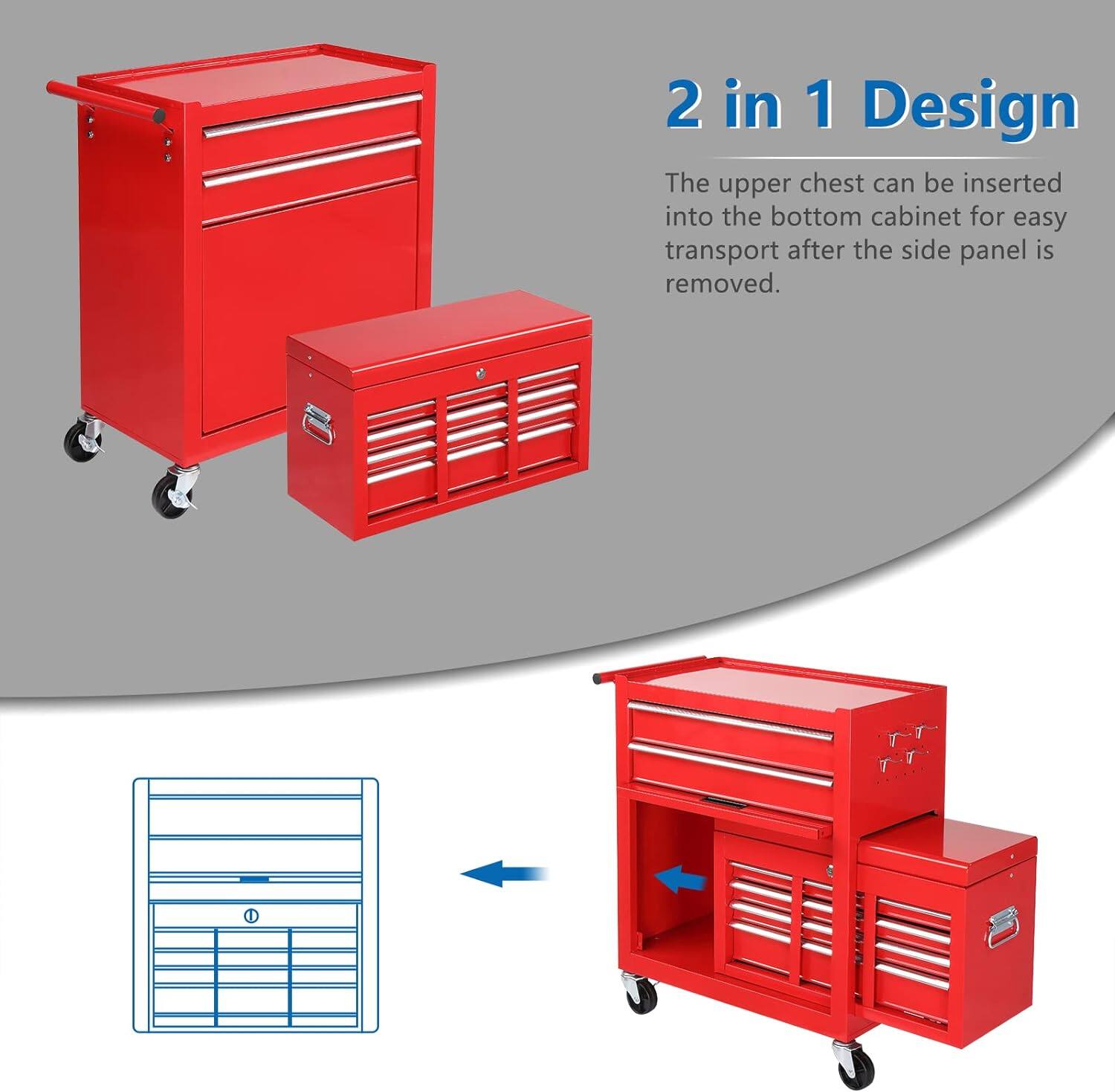 2 in 1 Design

The upper chest can be inserted into the bottom cabinet for easy transport after the side panel is removed.