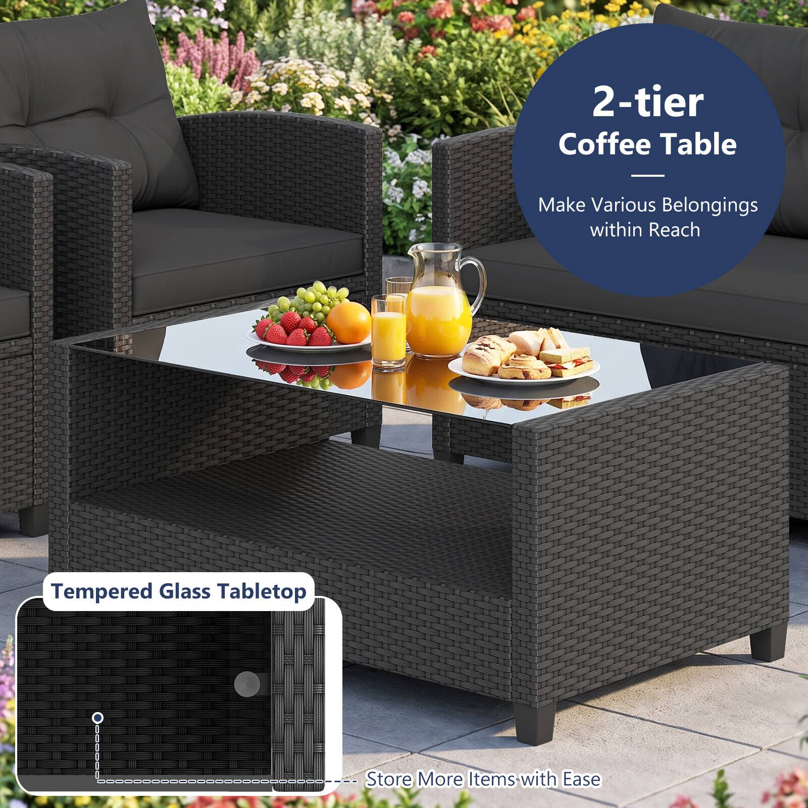 2-tier Coffee Table  
Make Various Belongings within Reach  
Tempered Glass Tabletop  
Store More Items with Ease