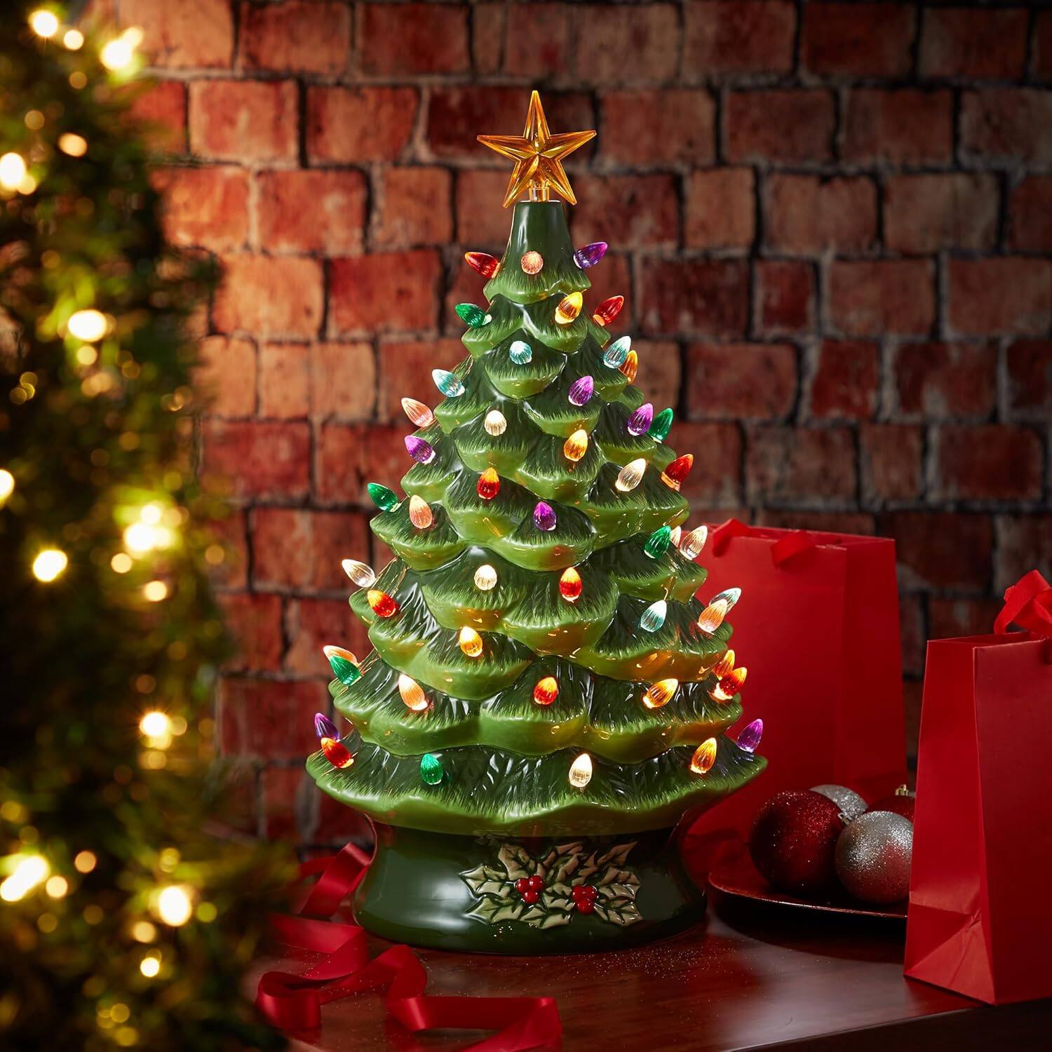Angle. Sugift - 15" Ceramic Christmas Tree Pre-lit Hand-Painted Tabletop Holiday Tree W/Power Cord - Green.
