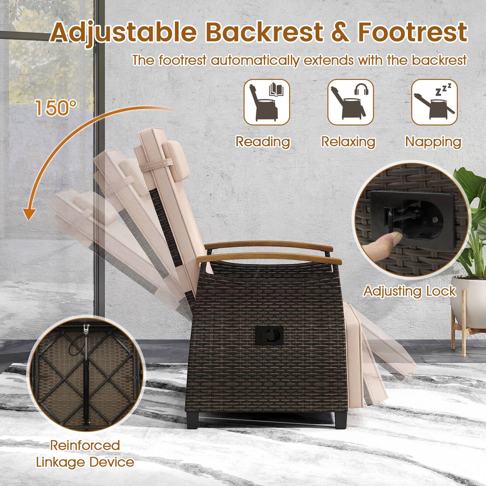 Adjustable Backrest & Footrest  
The footrest automatically extends with the backrest  

150°  

Reading  
Relaxing  
Napping  

Adjusting Lock  
Reinforced Linkage Device