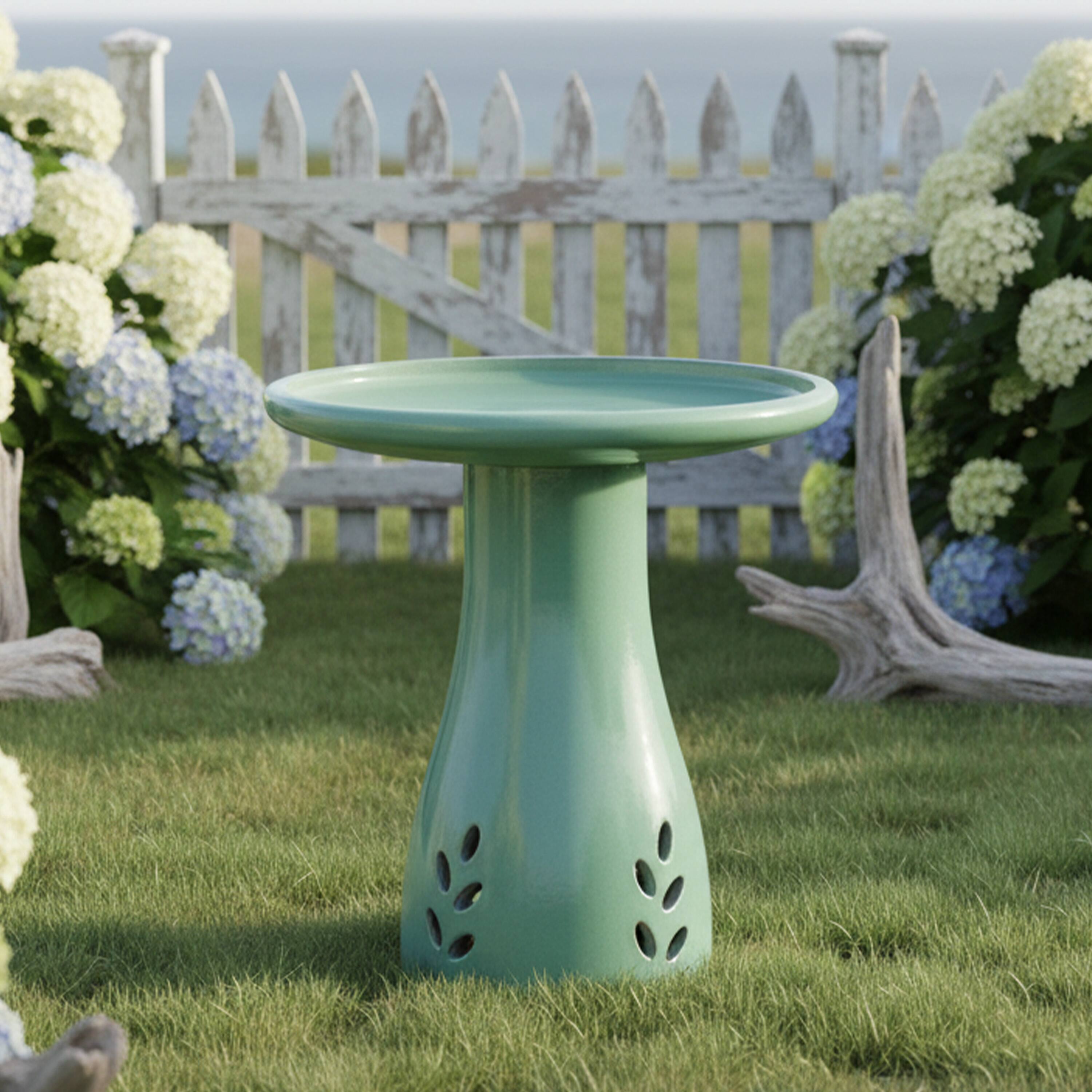 Alt View 8. Sunnydaze - Classic Outdoor Cut-Out Ceramic Bird Bath - 20.5 in - Seafoam.