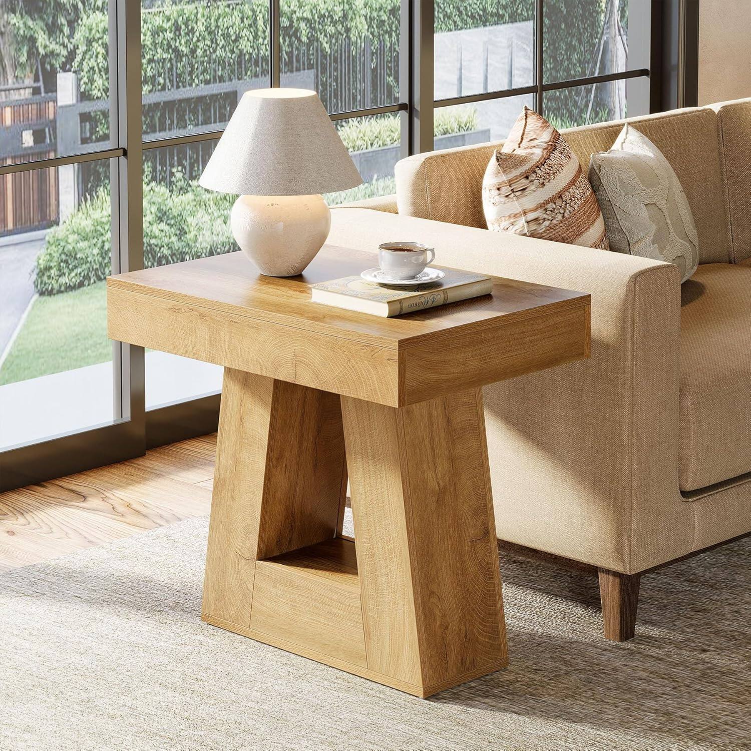 Alt View 1. Tribesigns - End Table with Engineered Wood Construction, Wood Grain Finish and Trapezoidal Legs for Living Room - Light Brown.