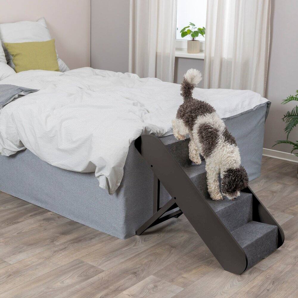 Left. TRIXIE - 4-Step Wooden Pet Stairs with Adjustable Height and Carpet Treads - Espresso Brown.