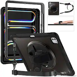 Dteck - Rugged Case for Apple iPad Pro (M4 2024/M5 2025) 11'' Shockproof Handstrap Foldable Kickstand Cover+Crossbody Strap - Black