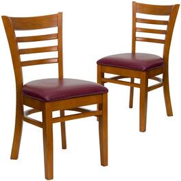Emma + Oliver - 2 Pack Ladder Back Wooden Restaurant Chair - Burgundy Vinyl Seat/Cherry Wood Frame