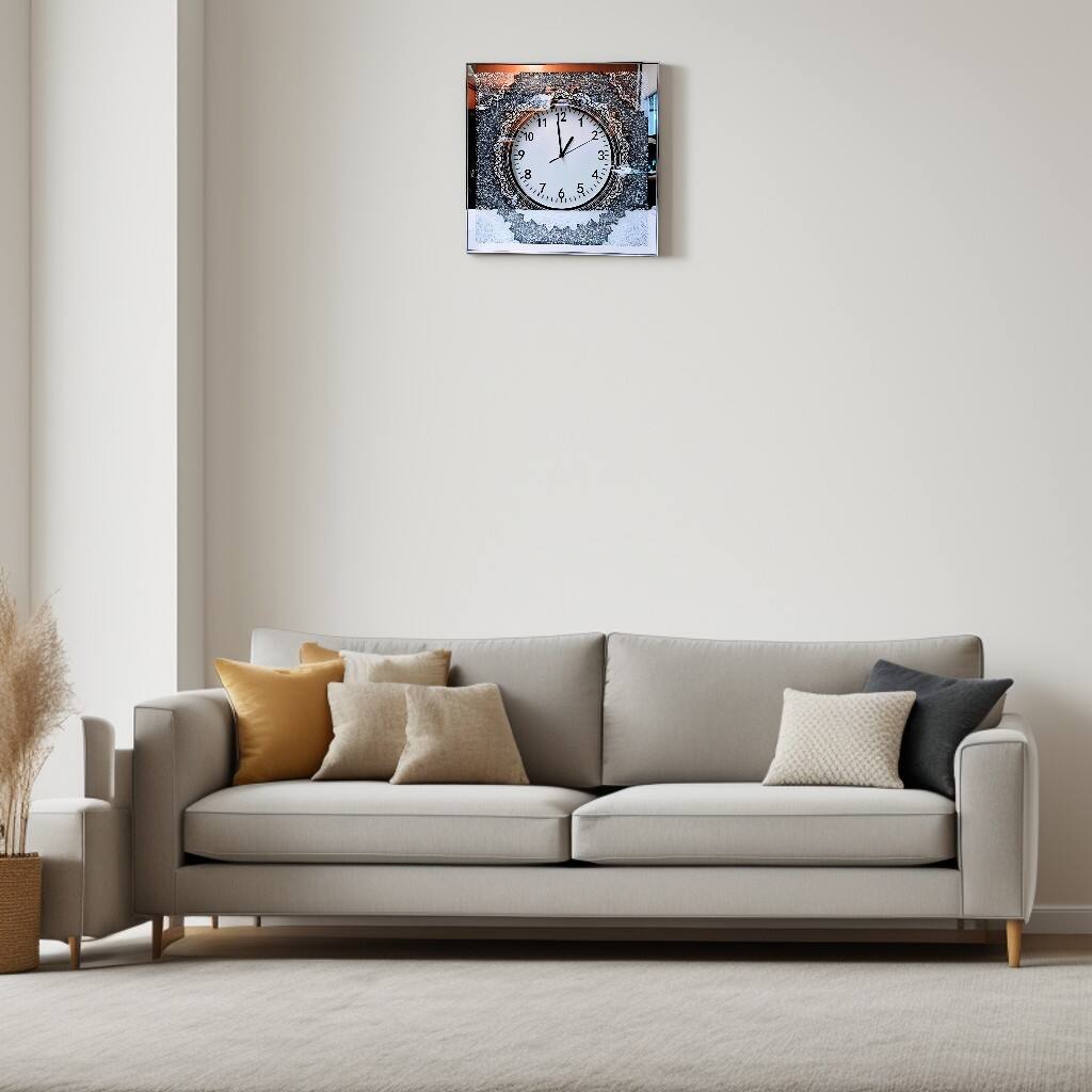 Angle. FC Design - 20"H Metallic Silver & Black Modern Mandala Square Wall Clock - Multicolor.