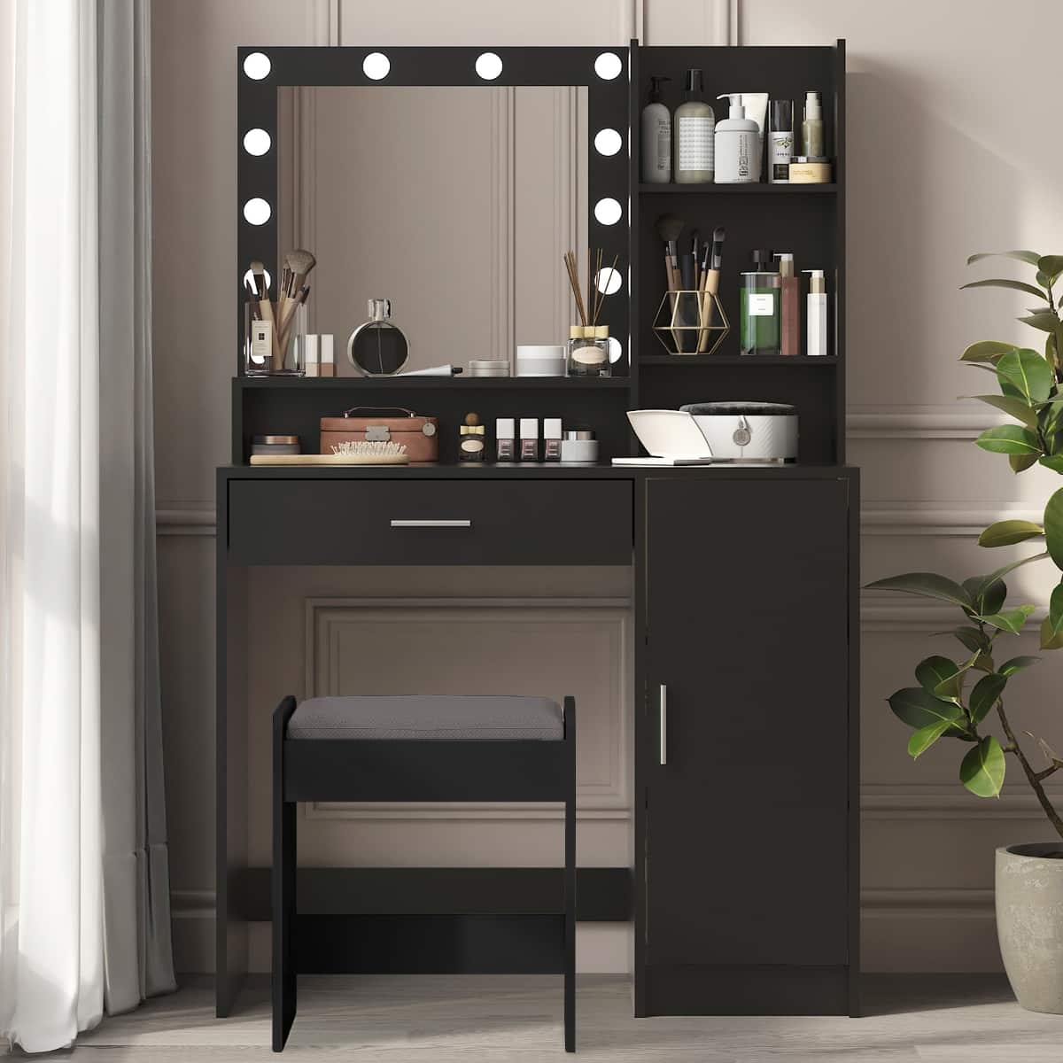 Loheer - Makeup Vanity Desk with Mirror and Lights, Vanity Desk with Storage - Black
