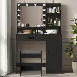Loheer - Makeup Vanity Desk with Mirror and Lights, Vanity Desk with Storage - Black
