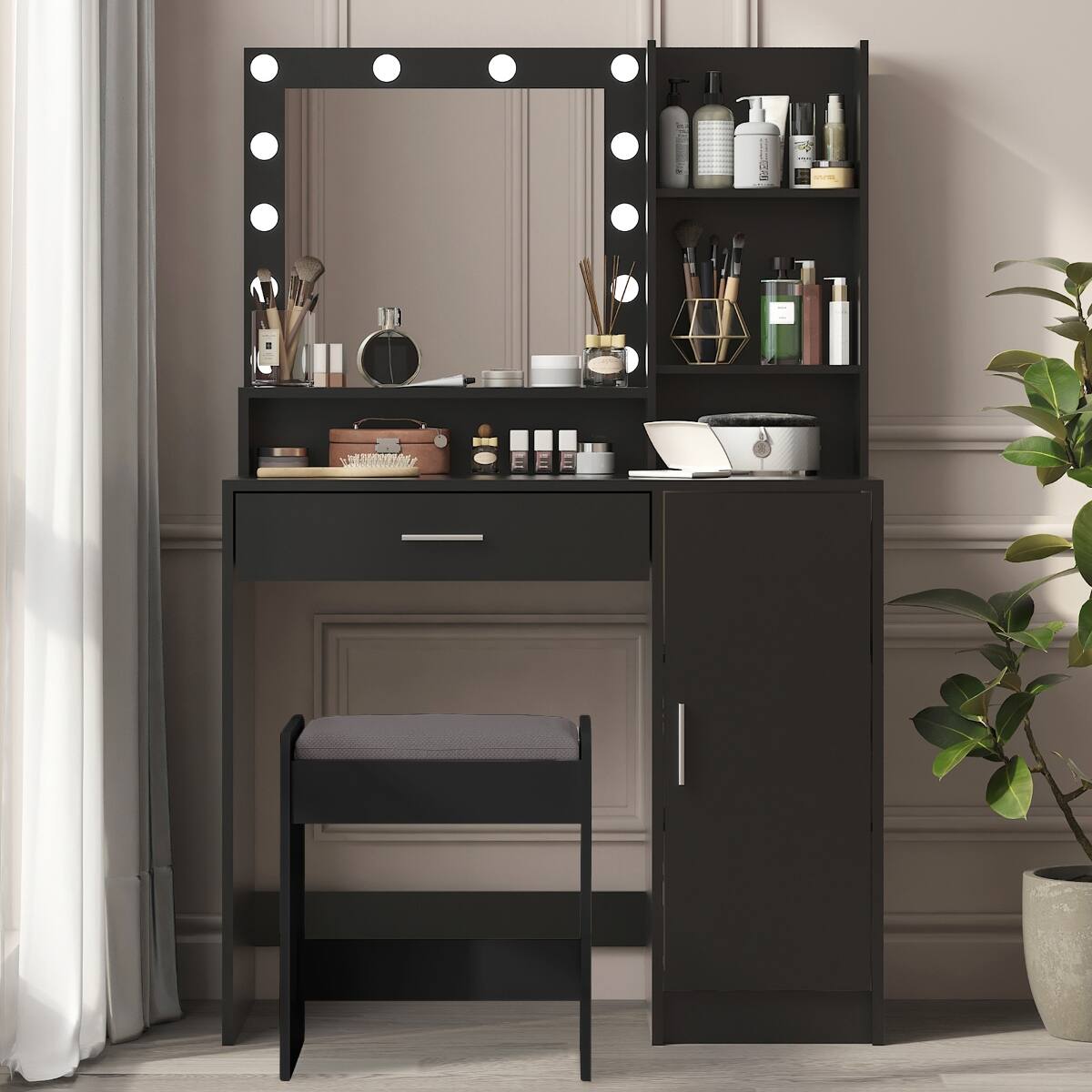 Front. Loheer - Loheer Makeup Vanity Desk with Mirror and Lights, Black Vanity Desk with Storage - Black.
