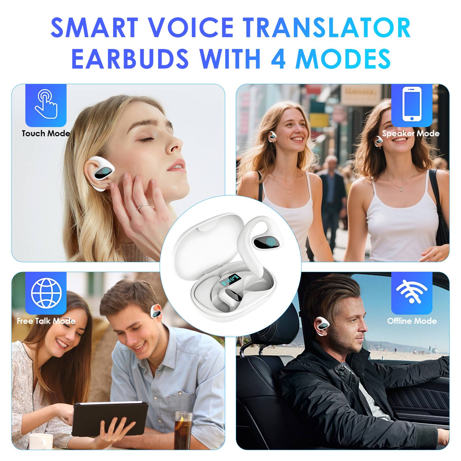 SMART VOICE TRANSLATOR EARBUDS WITH 4 MODES

- Touch Mode
- Speaker Mode
- Free Talk Mode
- Offline Mode