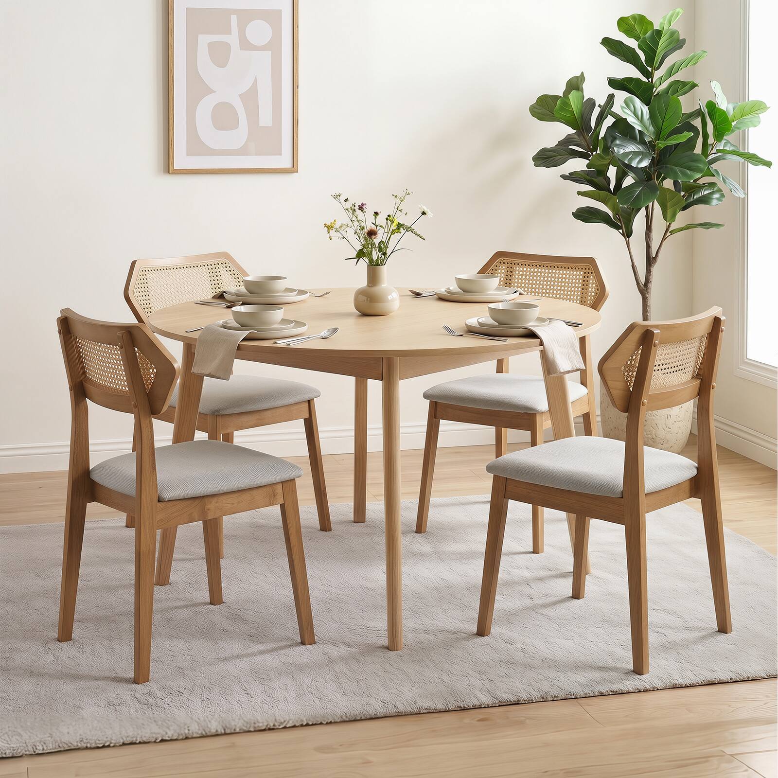Alt View 4. Costway - Costway 4 PCS Rattan Dining Chairs, Upholstered Kitchen Chairs with Rattan Back & Wood Frame - Natural.